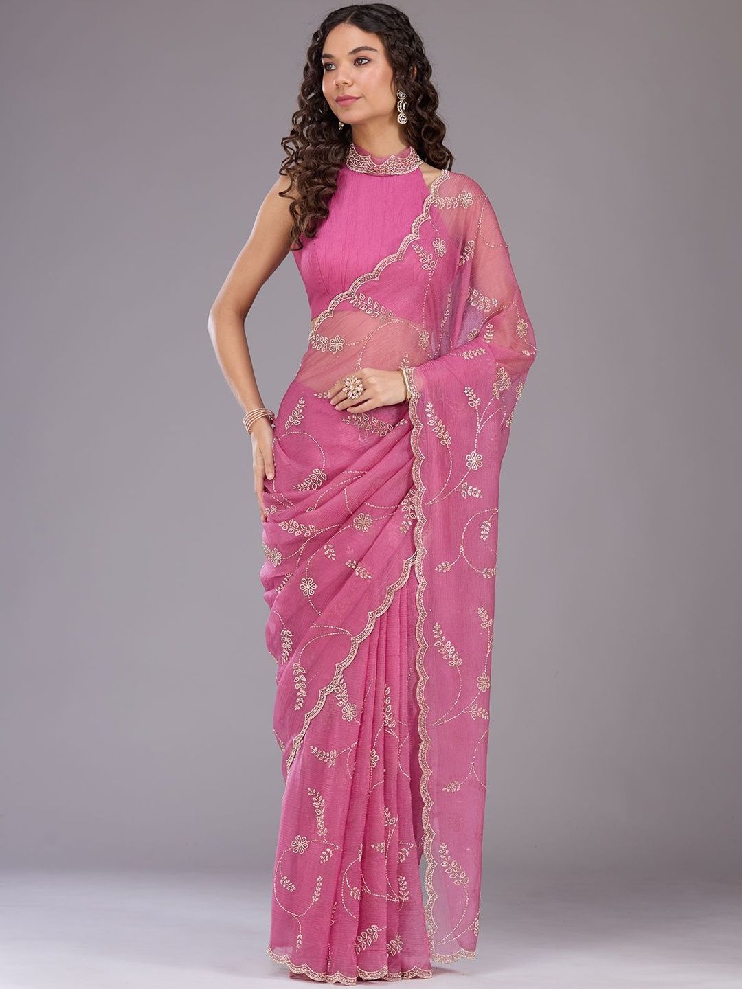 Koskii Women Stonework Onion Pink Tissue Saree With Unstitched Blouse-picture-33