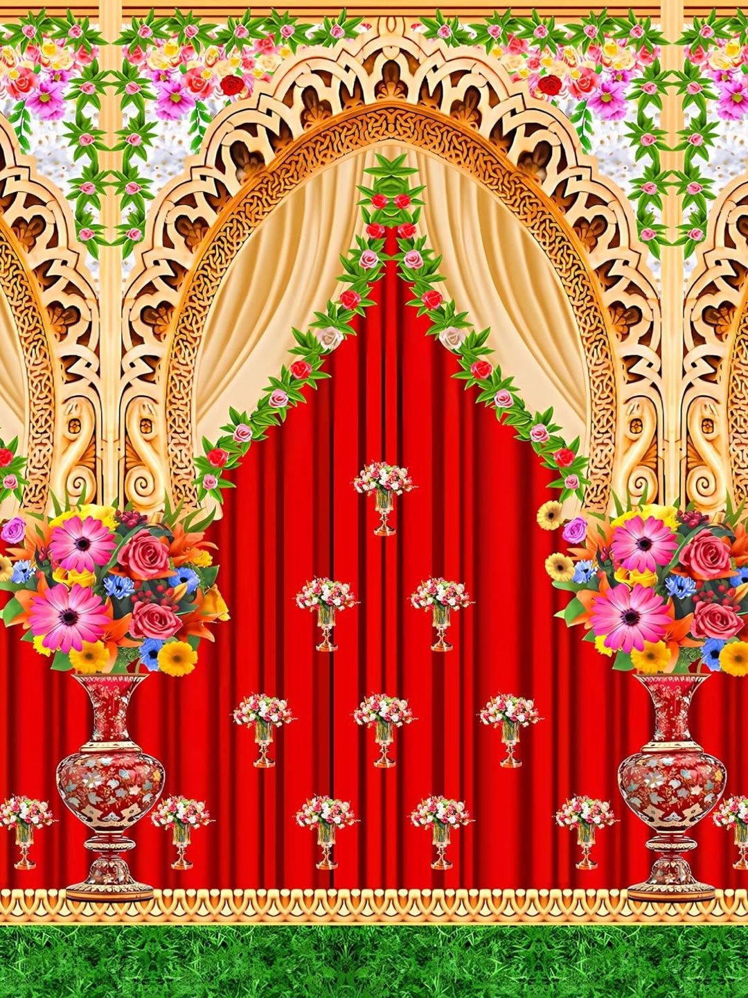 Backdropon Red & Green Decorative Flower Design Rectangular Backdrop Festive Decor-picture-52