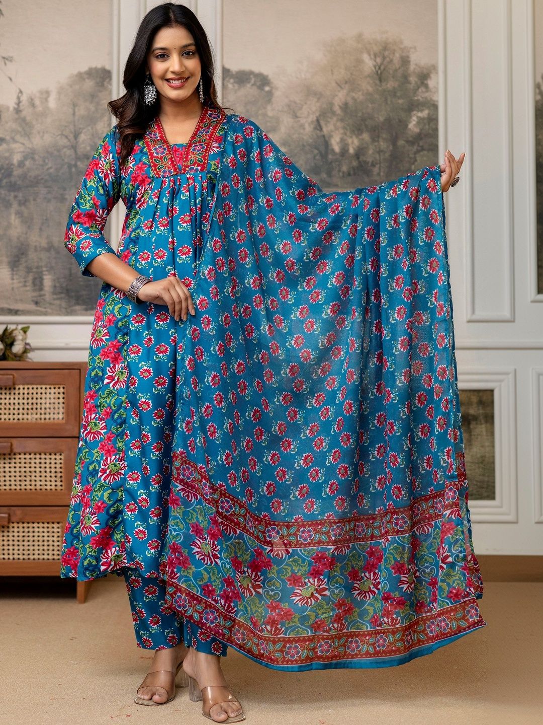 Brand Hill Women Floral Printed Pleated Thread Work Pure Cotton Kurta with Trousers & With Dupatta-picture-26