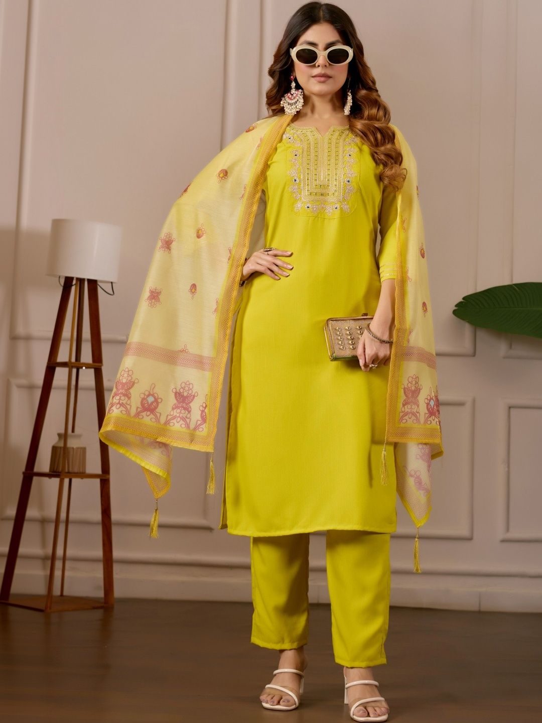 Aumira Women Ethnic Motifs Embroidered Regular Thread Work Pure Cotton Kurta with Trousers & With Dupatta-picture-38
