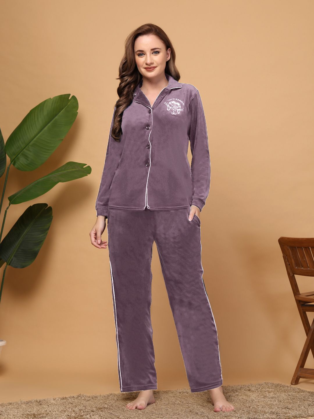 ETC Women Minion Embroidered Velvet Pyjama Set-picture-18