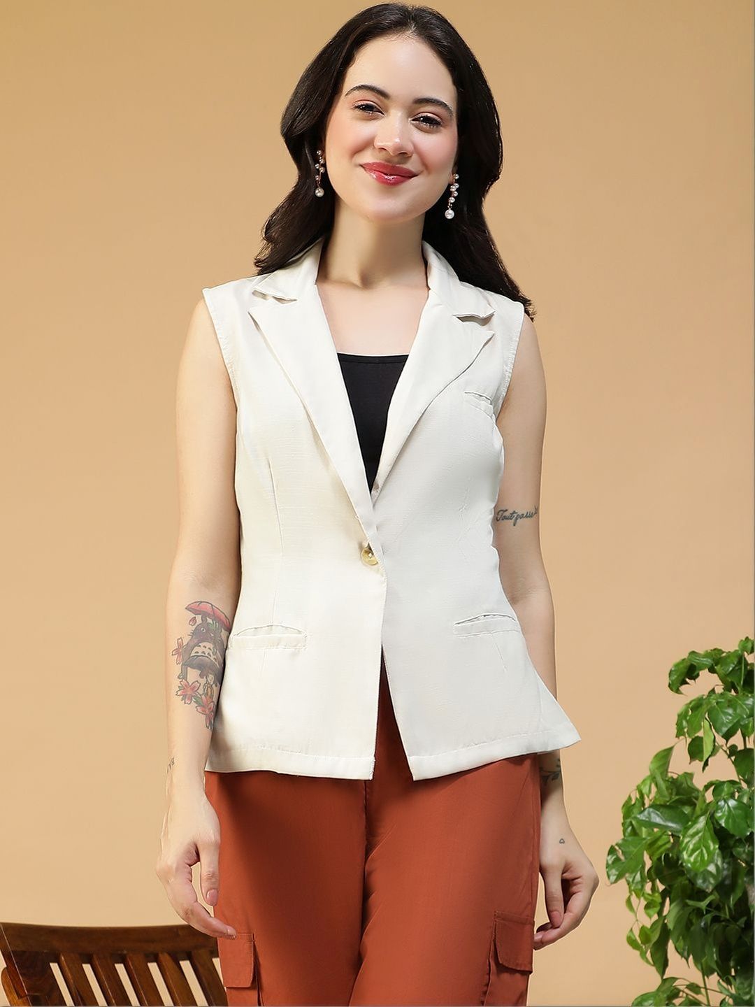 Oxolloxo Notched Lapel Sleeveless Open Front Blazers-picture-11