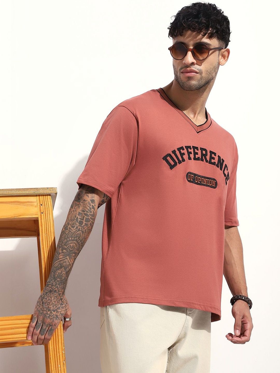 Difference of Opinion Men Typography Printed V-Neck Applique T-shirt-picture-23