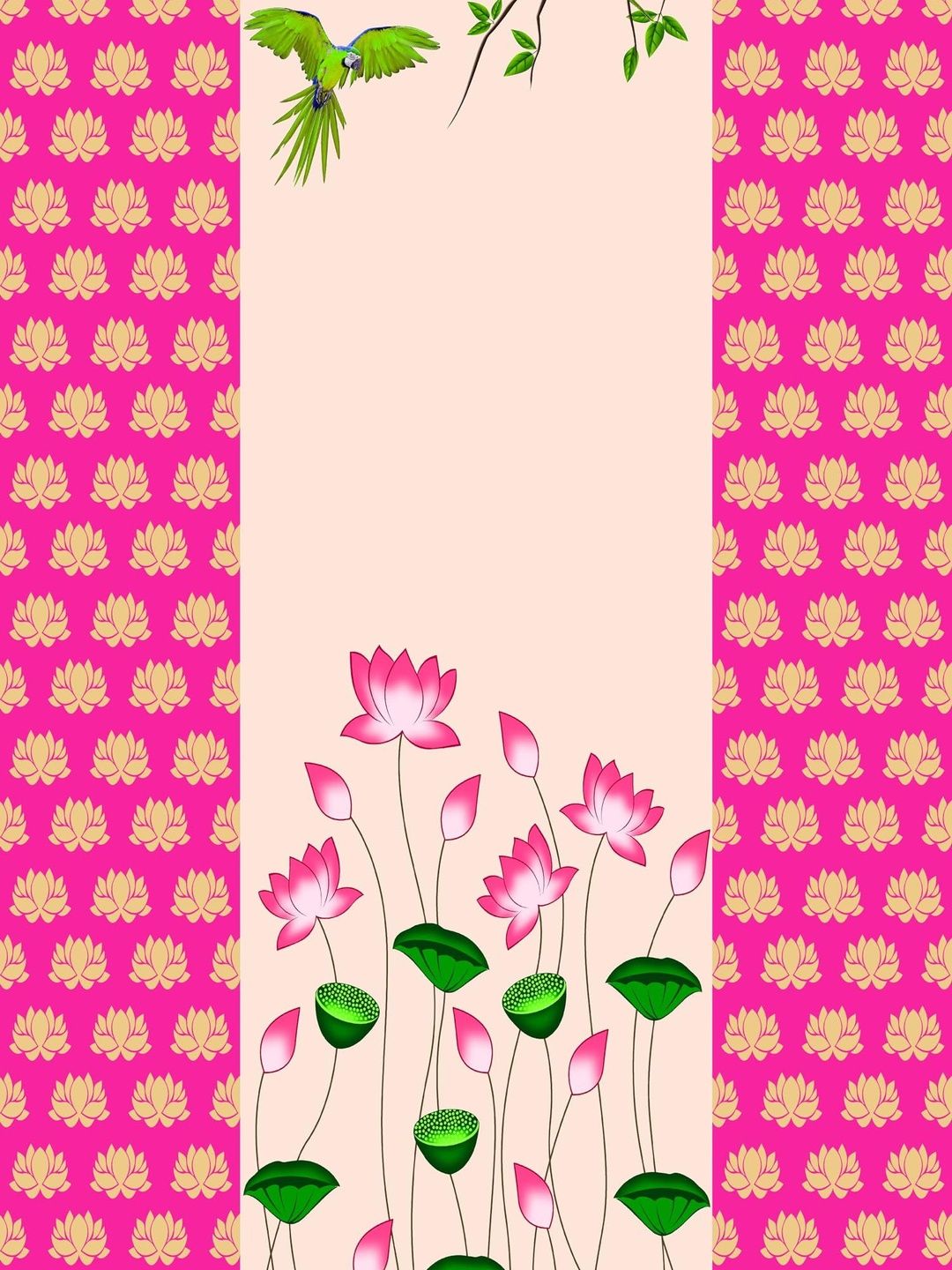 Backdropon Pink & Green Lotus Flower With Parrot Design Rectangular Backdrop Festive Decor-picture-0