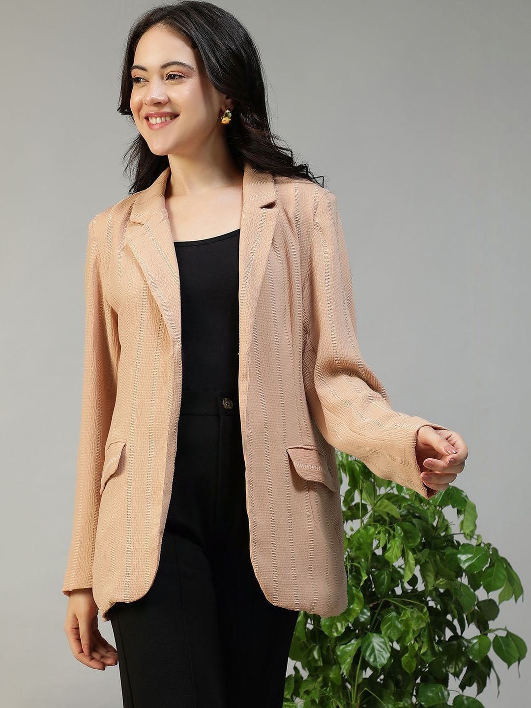 Oxolloxo Self Design Notched Lapel Long Sleeves Open Front Blazers-picture-41