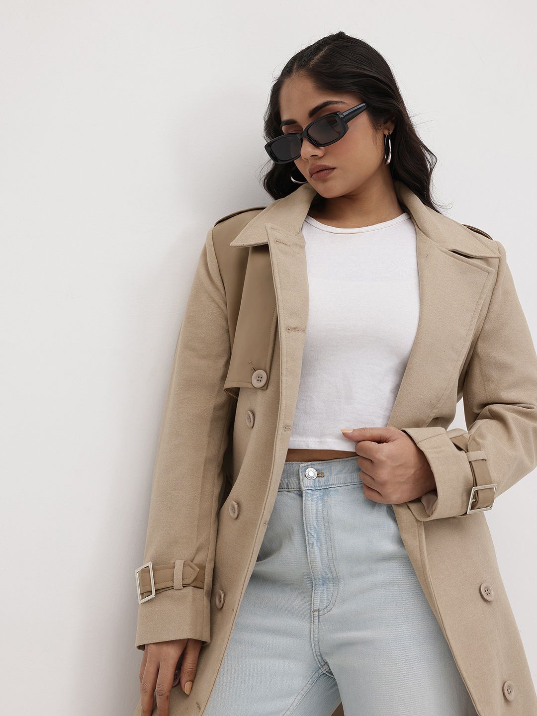 The Roadster Life Co. Notched Lapel Collar Double Breasted Longline Overcoat with Belt-image-1