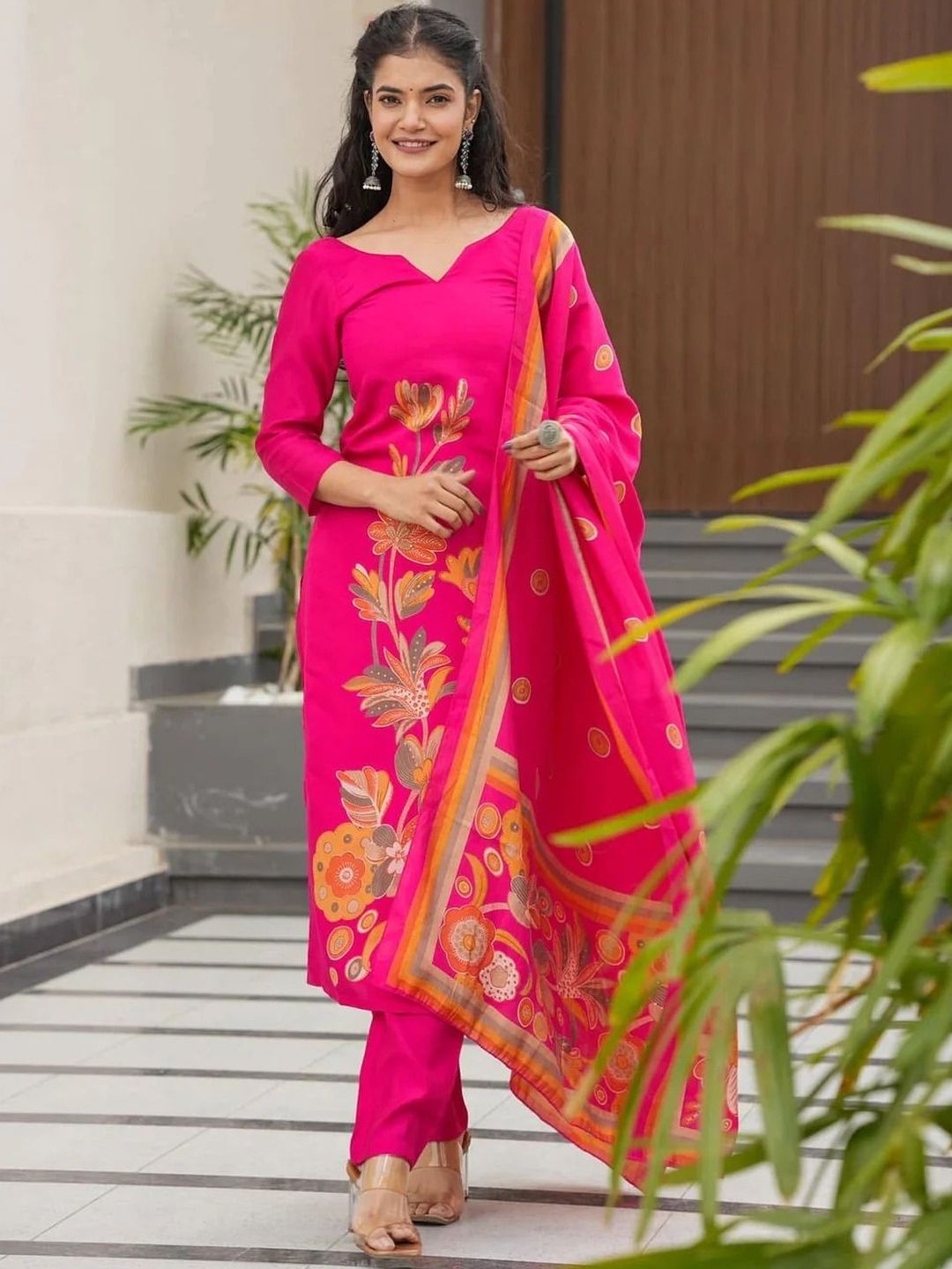 J.KANJI Women Floral Printed Regular Silk Crepe Kurta with Trousers & With Dupatta-picture-10