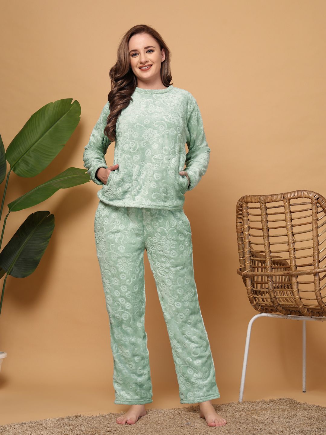 ETC Women Floral Embossed Faux Fur Pyjama Set-picture-19