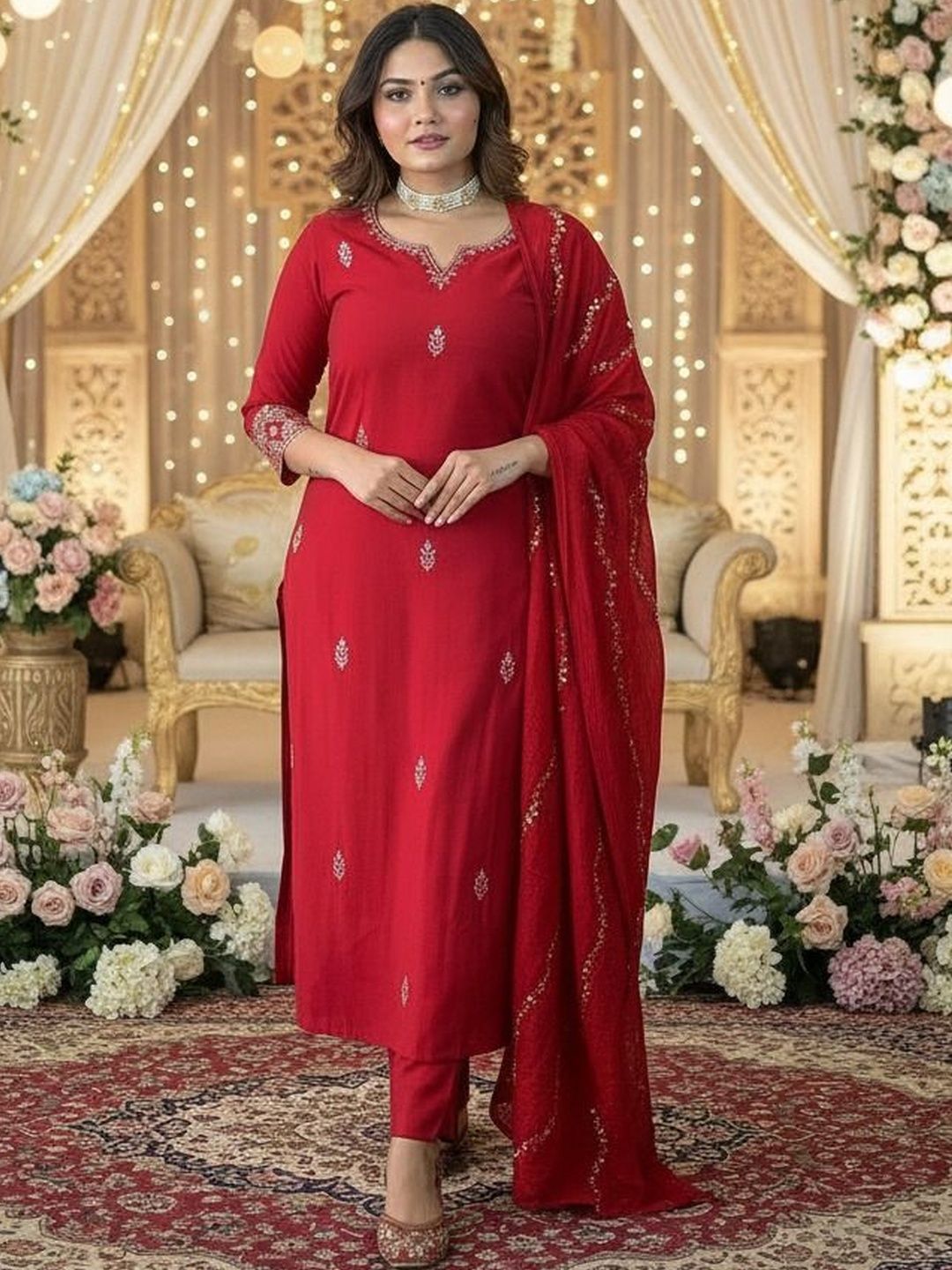 JANOI Women Ethnic Motifs Embroidered Regular Thread Work Chanderi Silk Kurta with Trousers & With Dupatta-picture-29