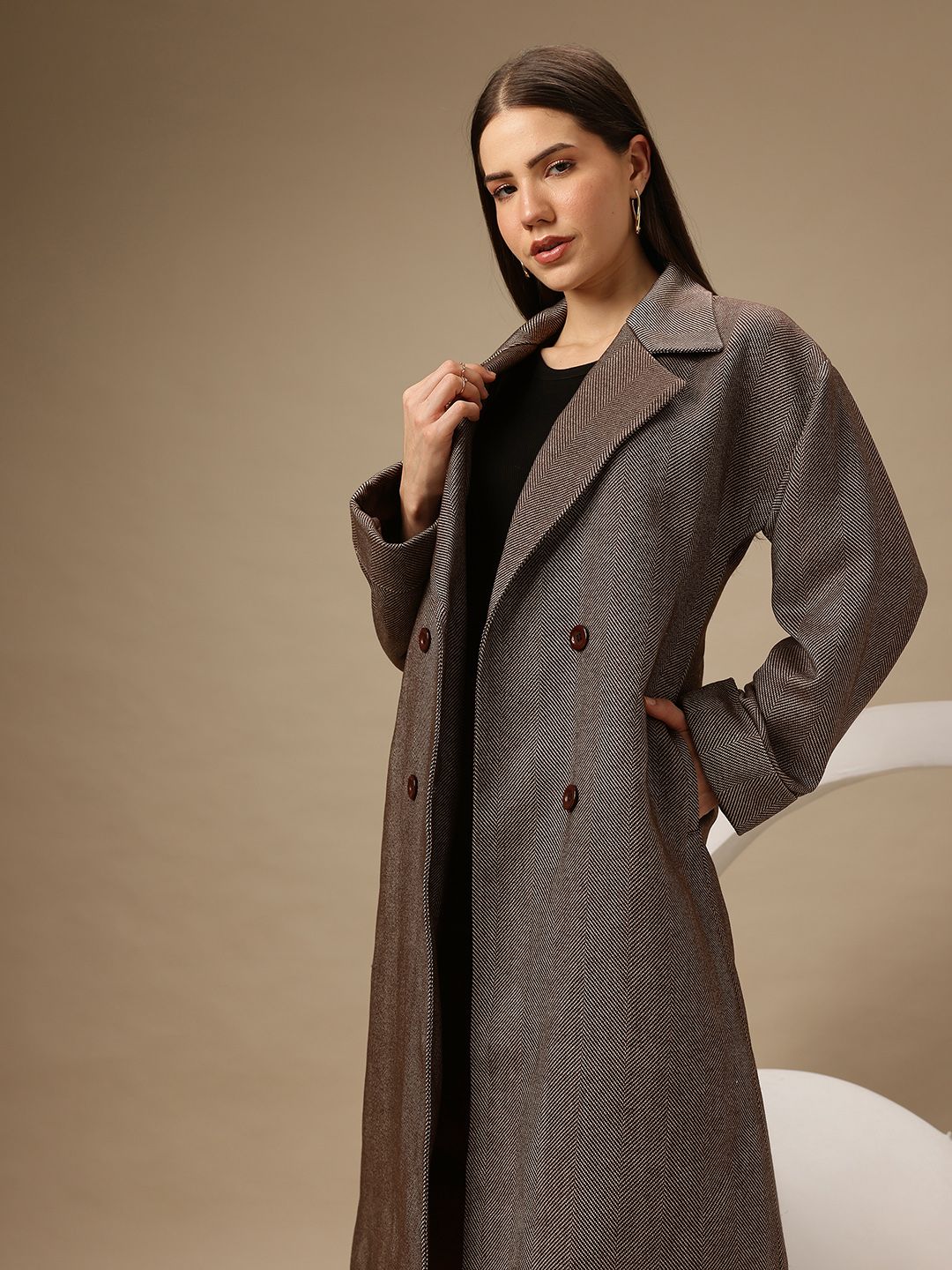 Chemistry Notched Lapel Collar Double-Breasted Herringbone Overcoat-picture-13