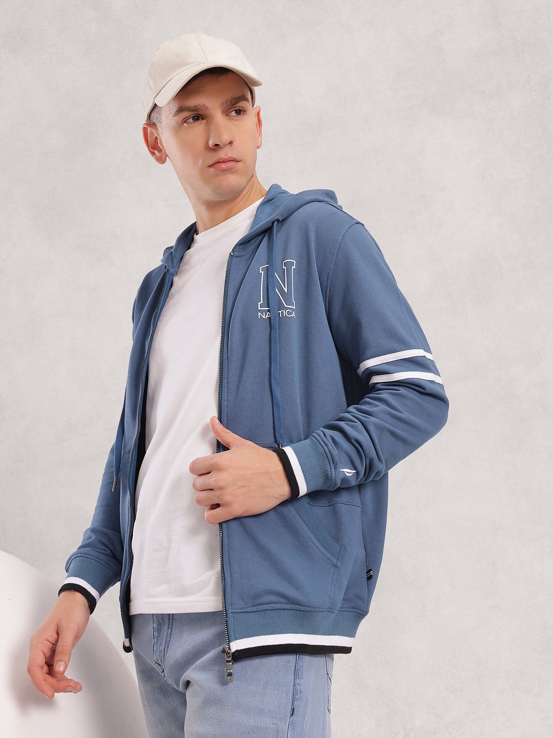 Nautica Brand Logo Printed Hooded Front-Open Sweatshirt with Contrasting Stripes-picture-20
