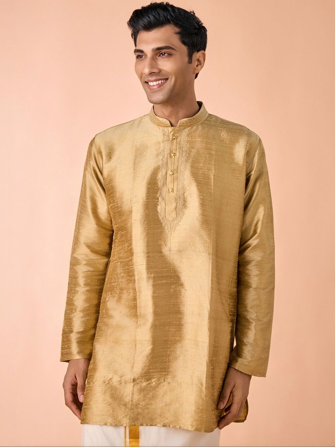 Manyavar Men Beige Silk Short Kurta-picture-20