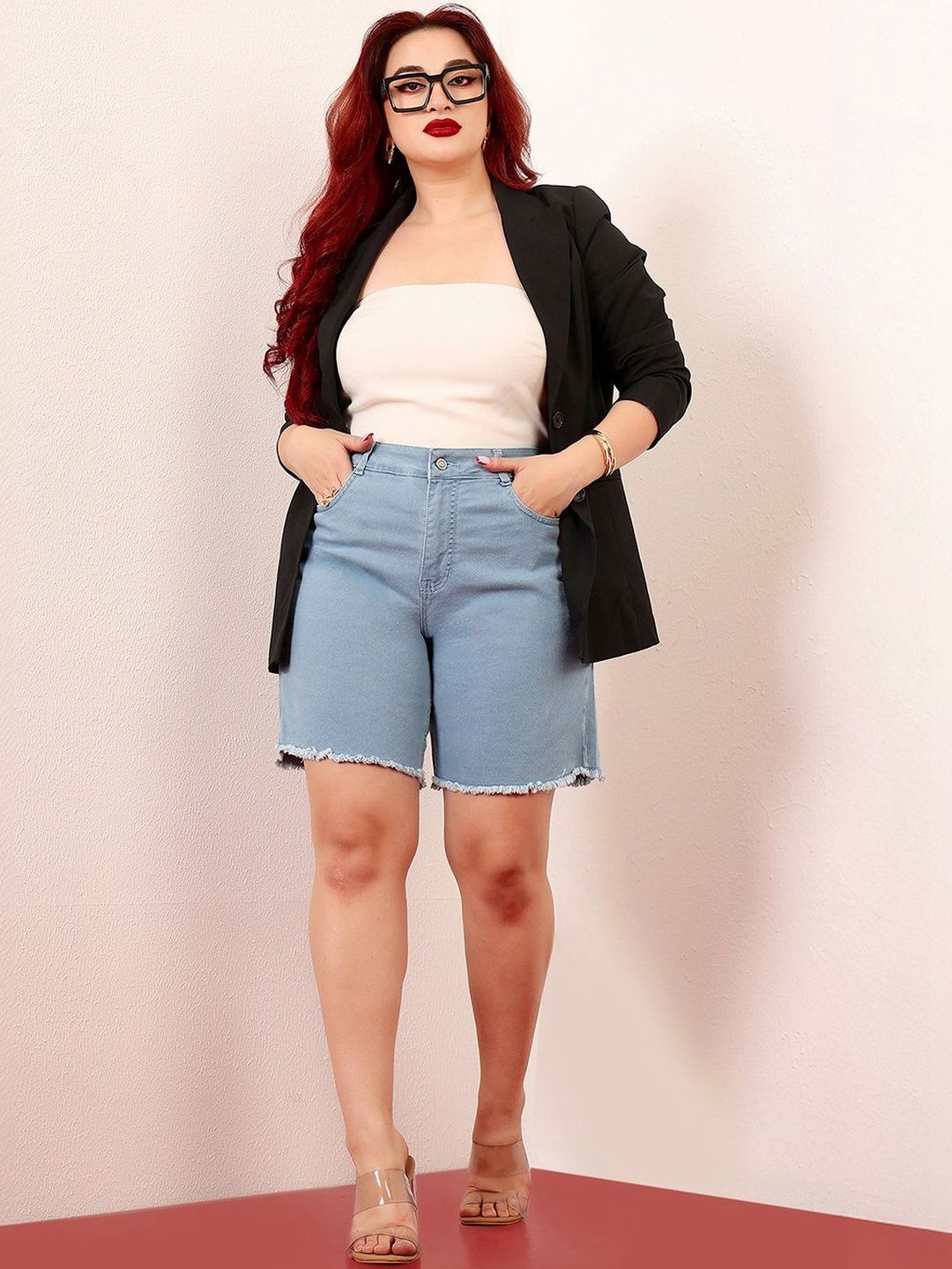 Miss Chase A+ Plus Size Regular High Rise Clean Look Above Knee Stretchable Denim Shorts-picture-34