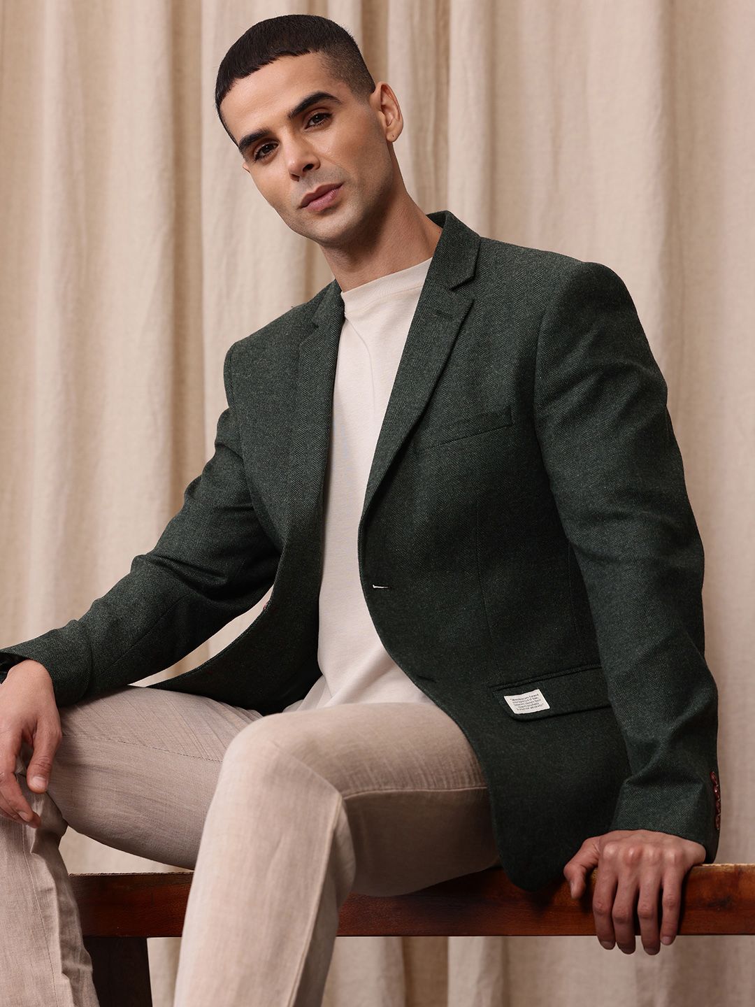 Mr Bowerbird Self Design Textured Tweed Single-Breasted Casual Blazer-image-49