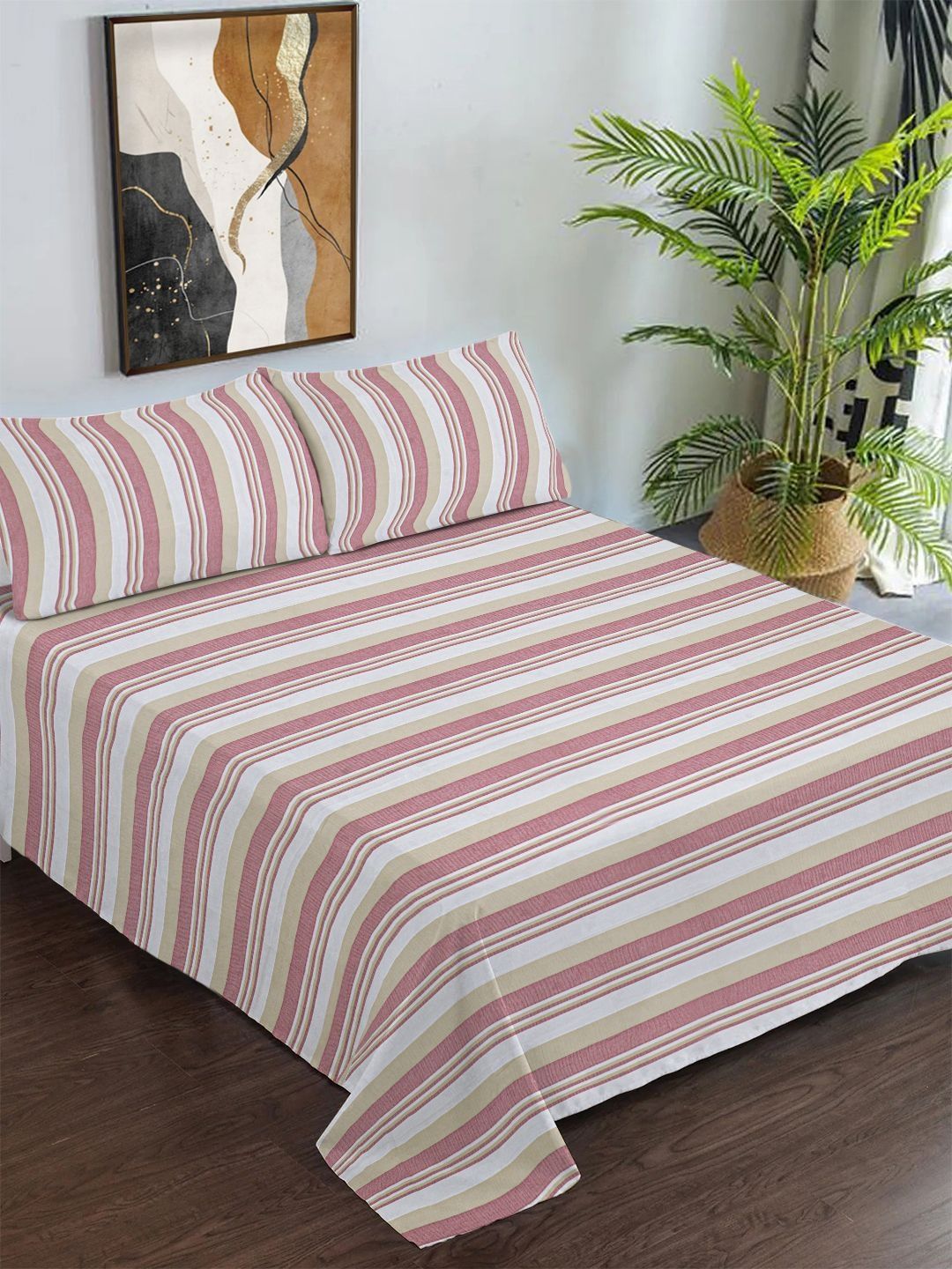 KLOTTHE Red & Beige Striped Pure Cotton King Size Double Bedcover with 2 Pillow Covers-image-47