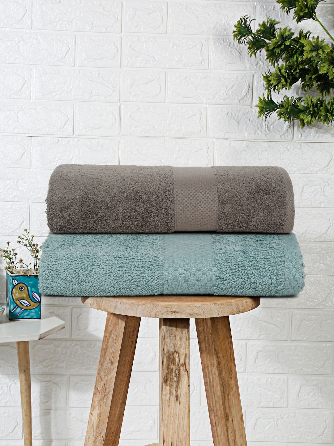 Mulberry Living Blue & Charcoal 2 Piece Terry Cotton 550 GSM Towel Set-image-40