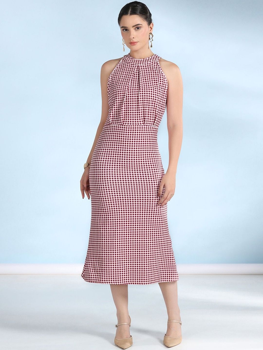 Selvia Checked Halter Neck Sheath Midi Dress-picture-28