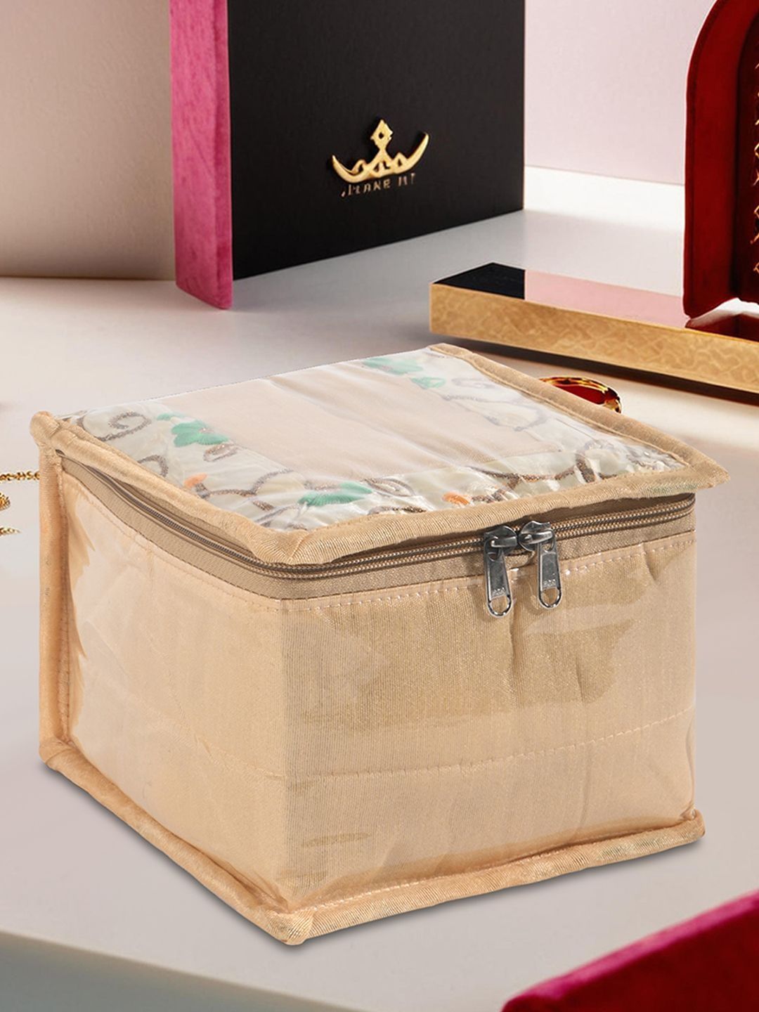 Kuber Industries Gold Satin Makeup Pouch Bag With 10 Compartments Jewellery Organiser-picture-18