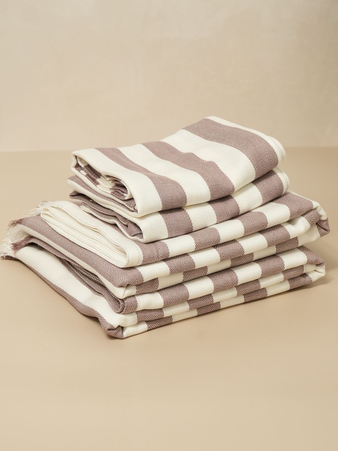 DEBAANS Brown & Beige 4 Piece Striped Other 250 GSM Towel Set-image-15