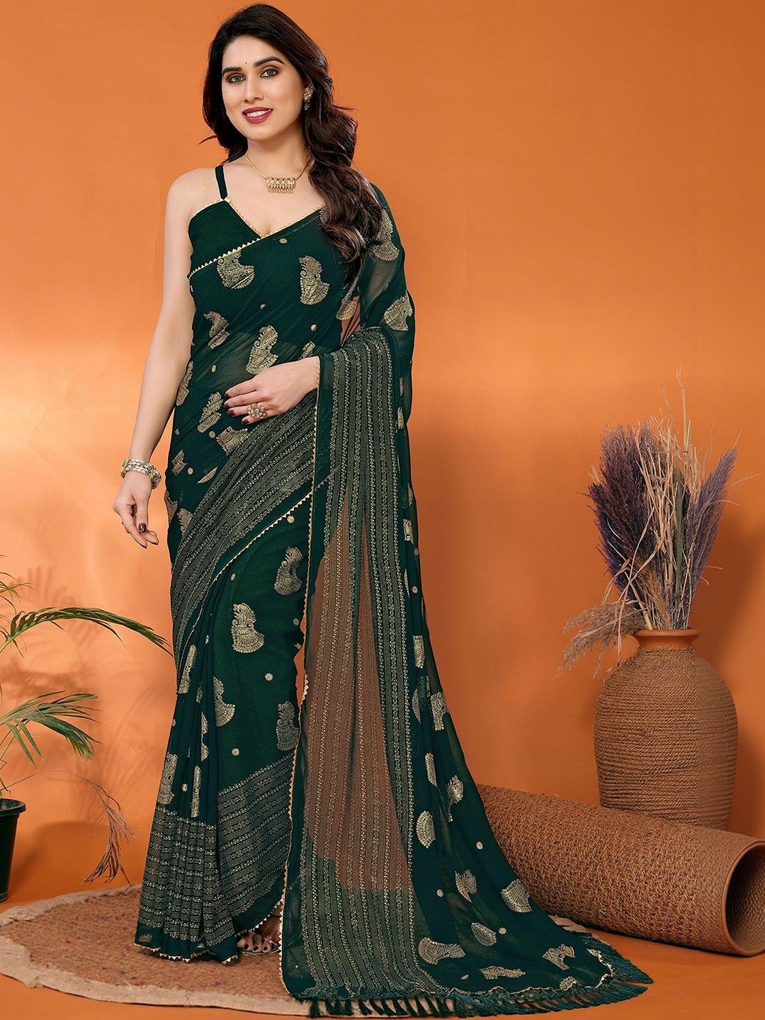 SANISA Ethnic Motifs Zari Poly Georgette Heavy Work Saree-picture-12