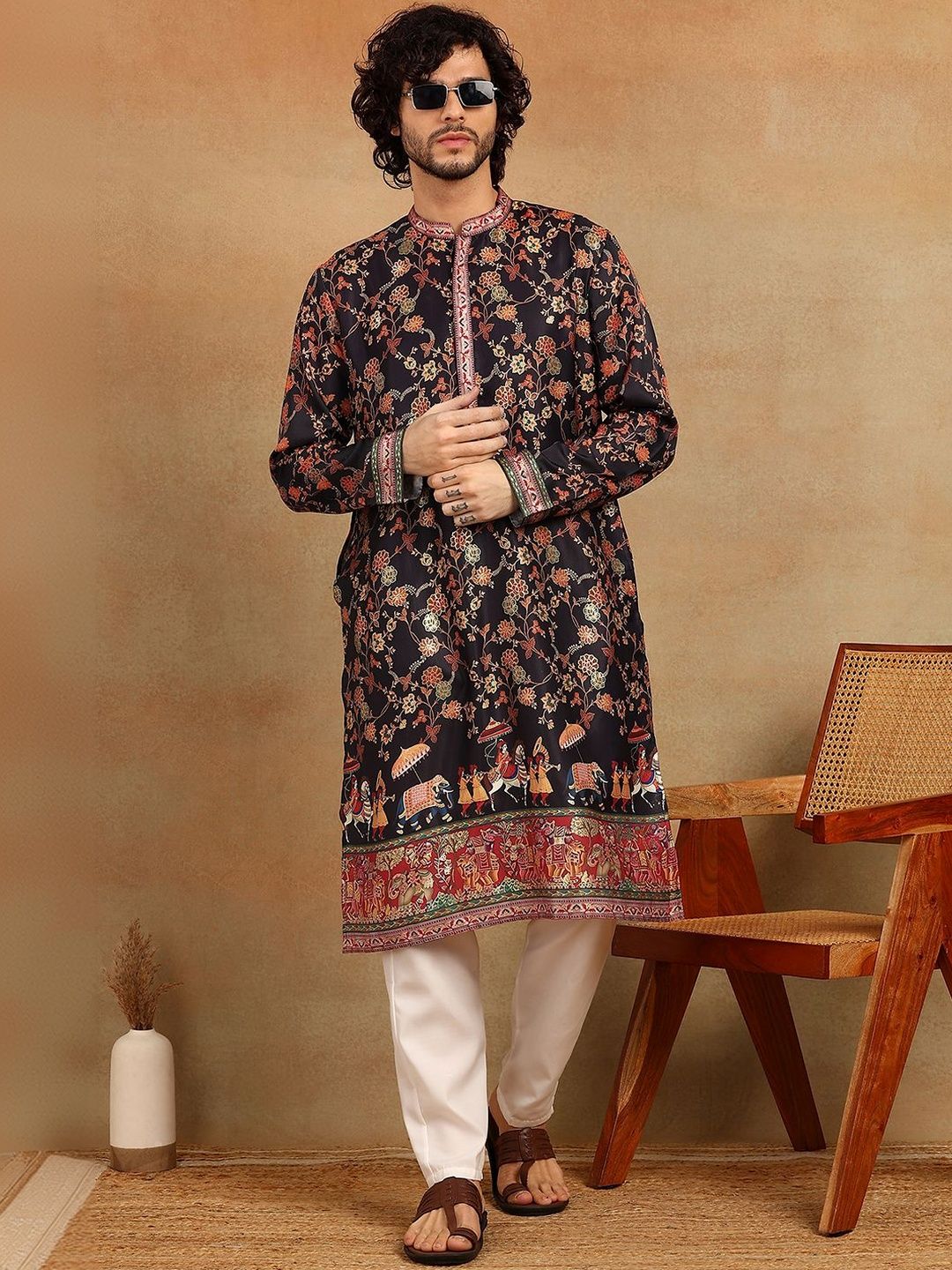 House of Pataudi Printed Mandarin Collar Knee Length Straight Kurta-picture-38