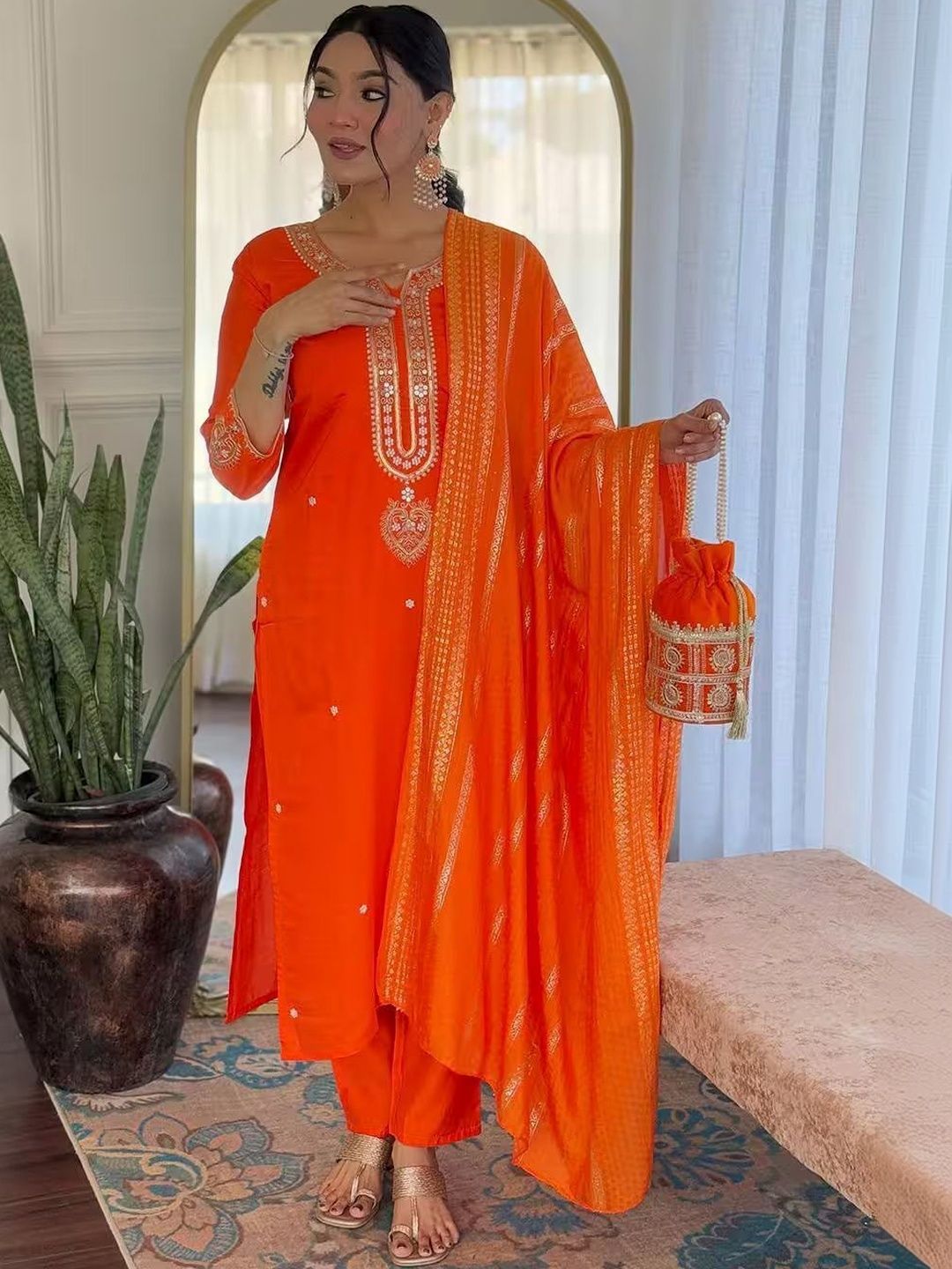 C J Enterprise Women Ethnic Motifs Embroidered Regular Thread Work Kurta with Trousers & With Dupatta-picture-29