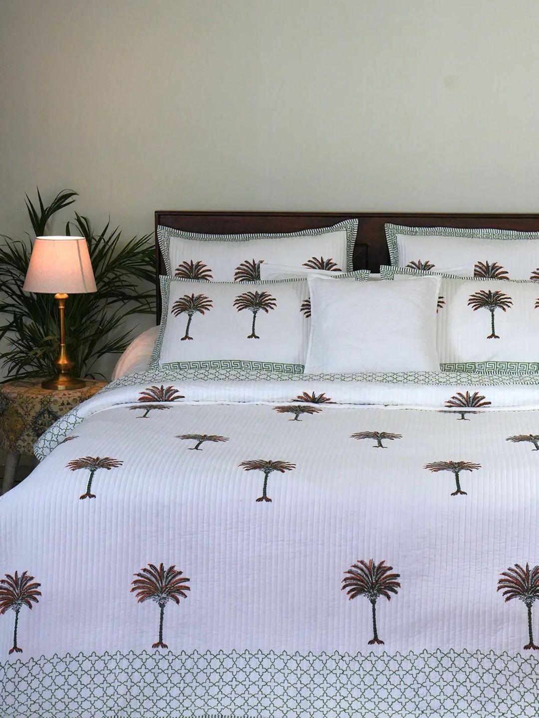 The Jaipur Wala Desert Palm White & Green Cotton Breathable Super King Bed Covers-image-6