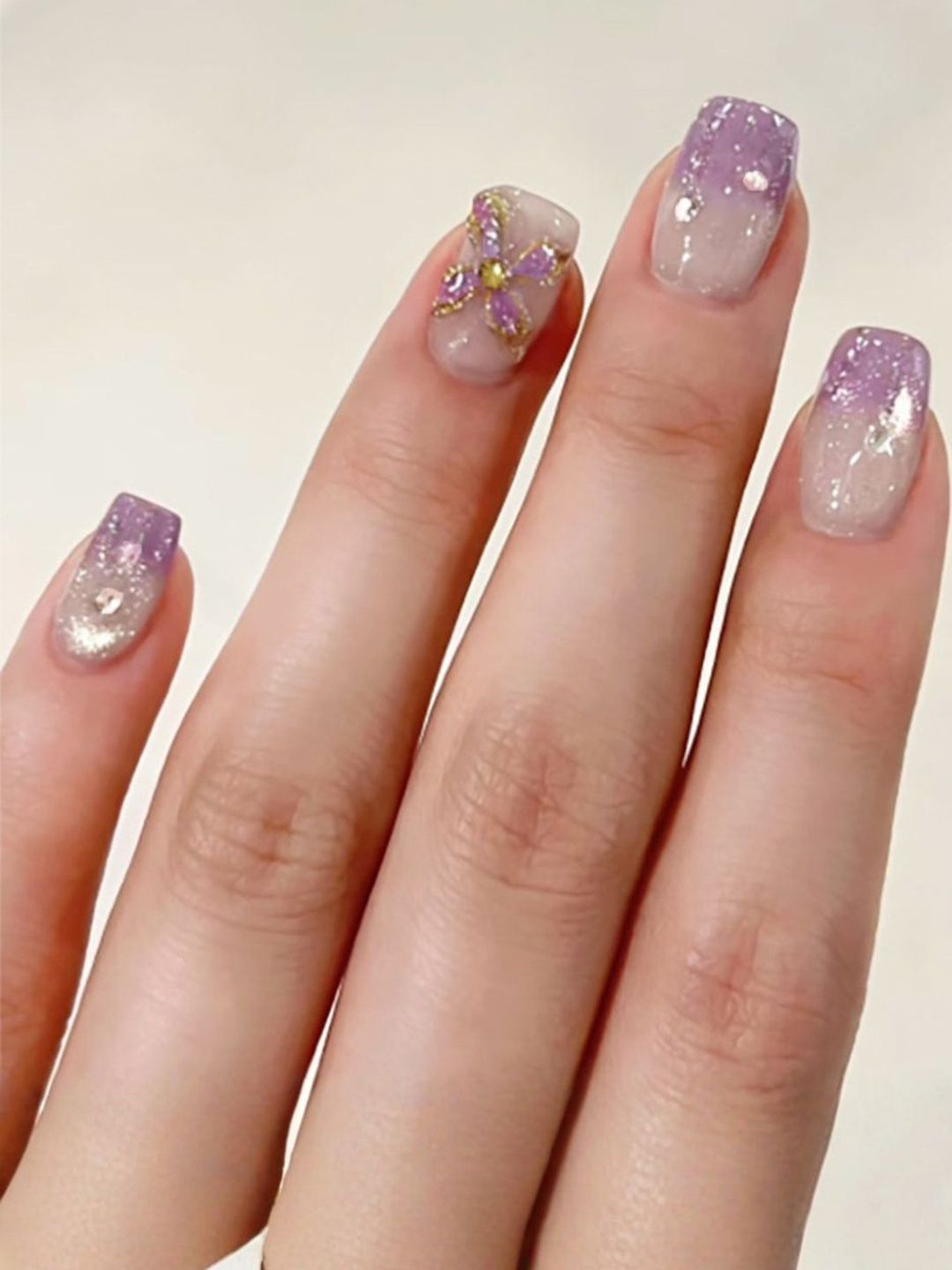 Secret Lives Set Of 24 Long Lasting Ultra Gloss Press On Nails - Purple Glitter Flower-picture-35