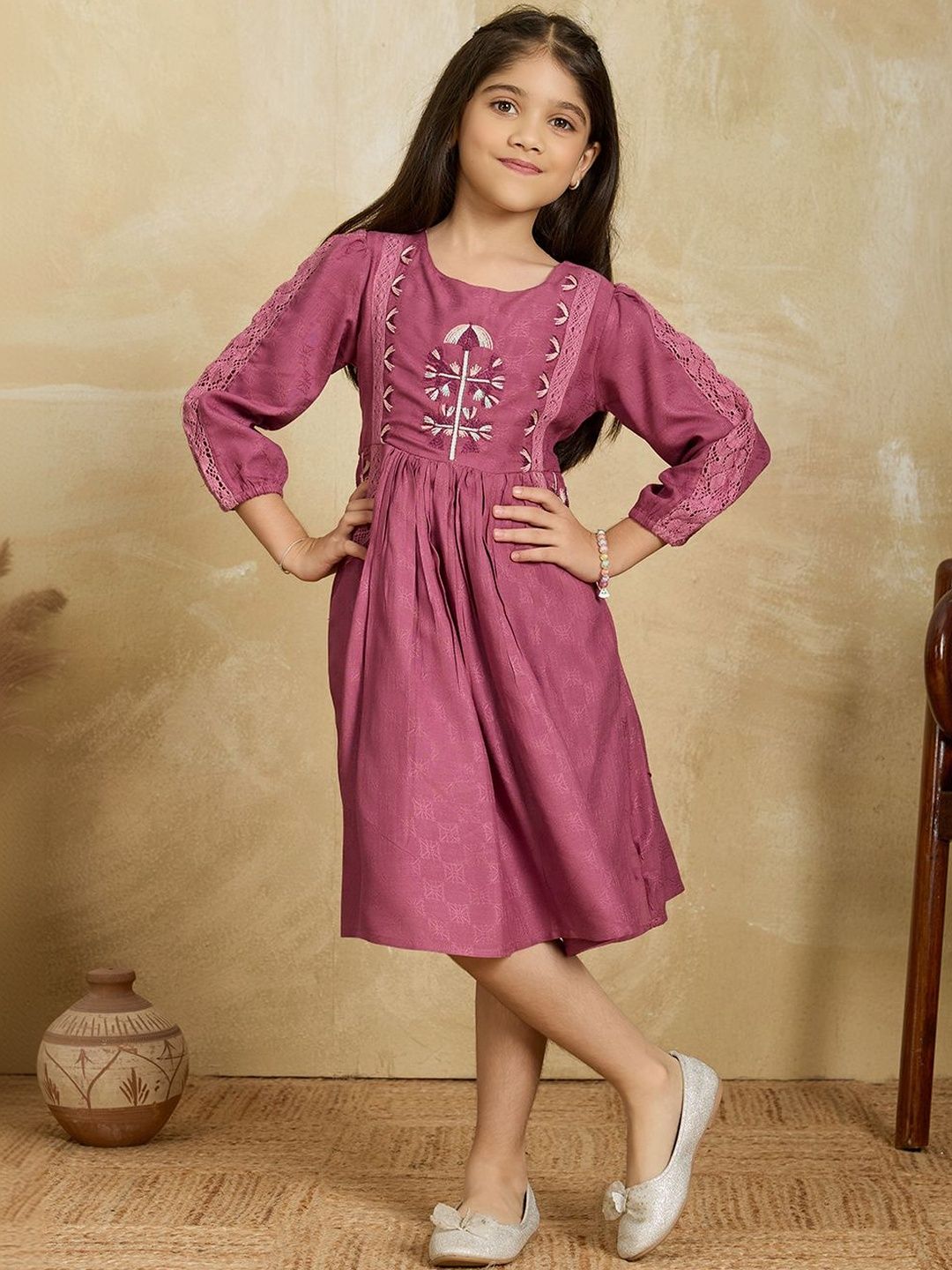Sangria Girls Kantha Embroidered Round Neck Fit & Flare Knee Length Dress-picture-22