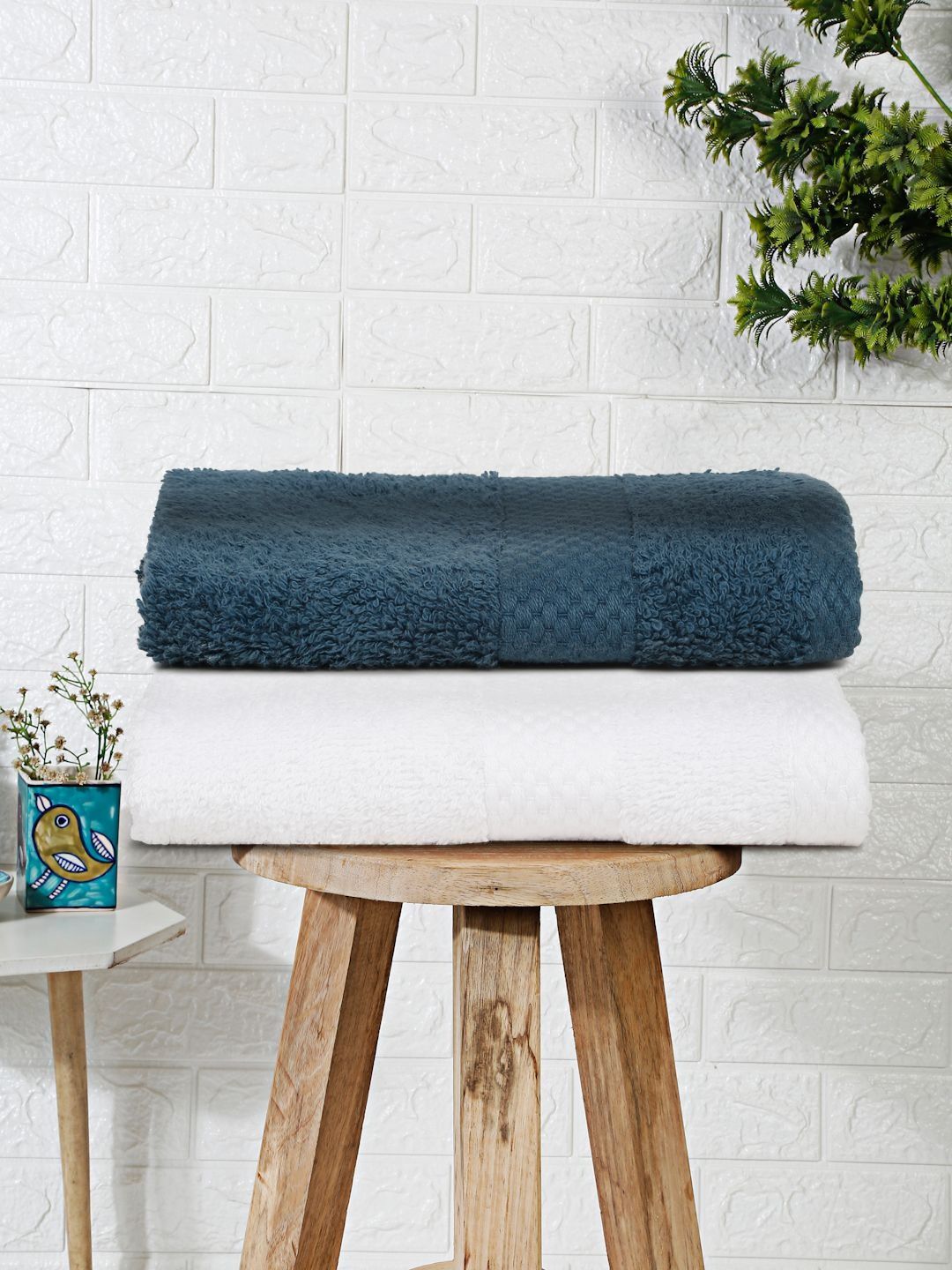 Mulberry Living Terry Luxe White & Blue 550 GSM 2-Pcs Bath Towels-image-1