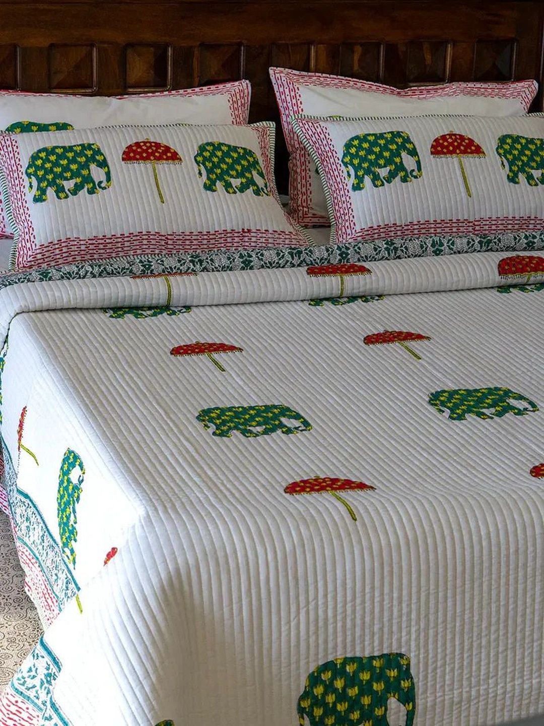 The Jaipur Wala White & Green Haathi Cotton Double King Bed Covers-picture-30