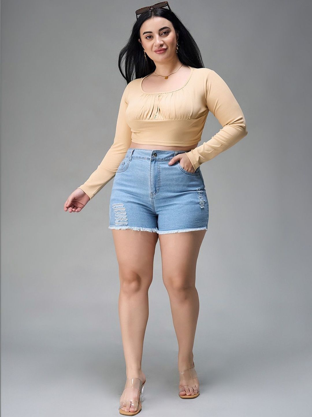 Miss Chase A+ Plus Size Women Relaxed Mid Rise High Distress Non Stretchable Denim Shorts-picture-20