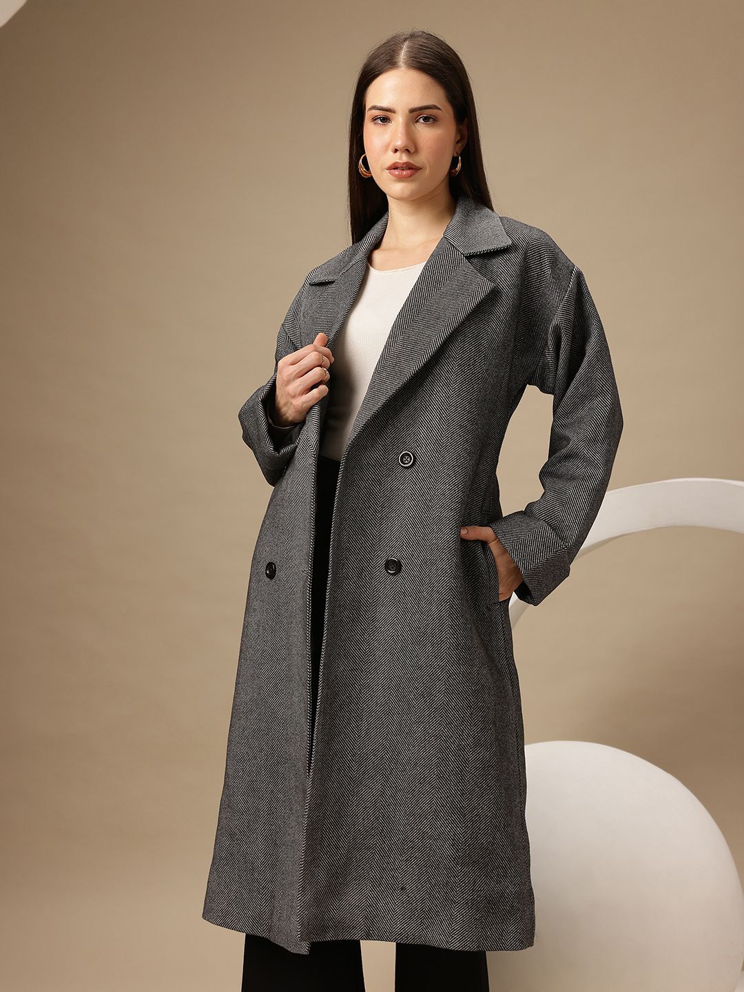 Chemistry Notched Lapel Collar Double-Breasted Herringbone Overcoat-picture-35