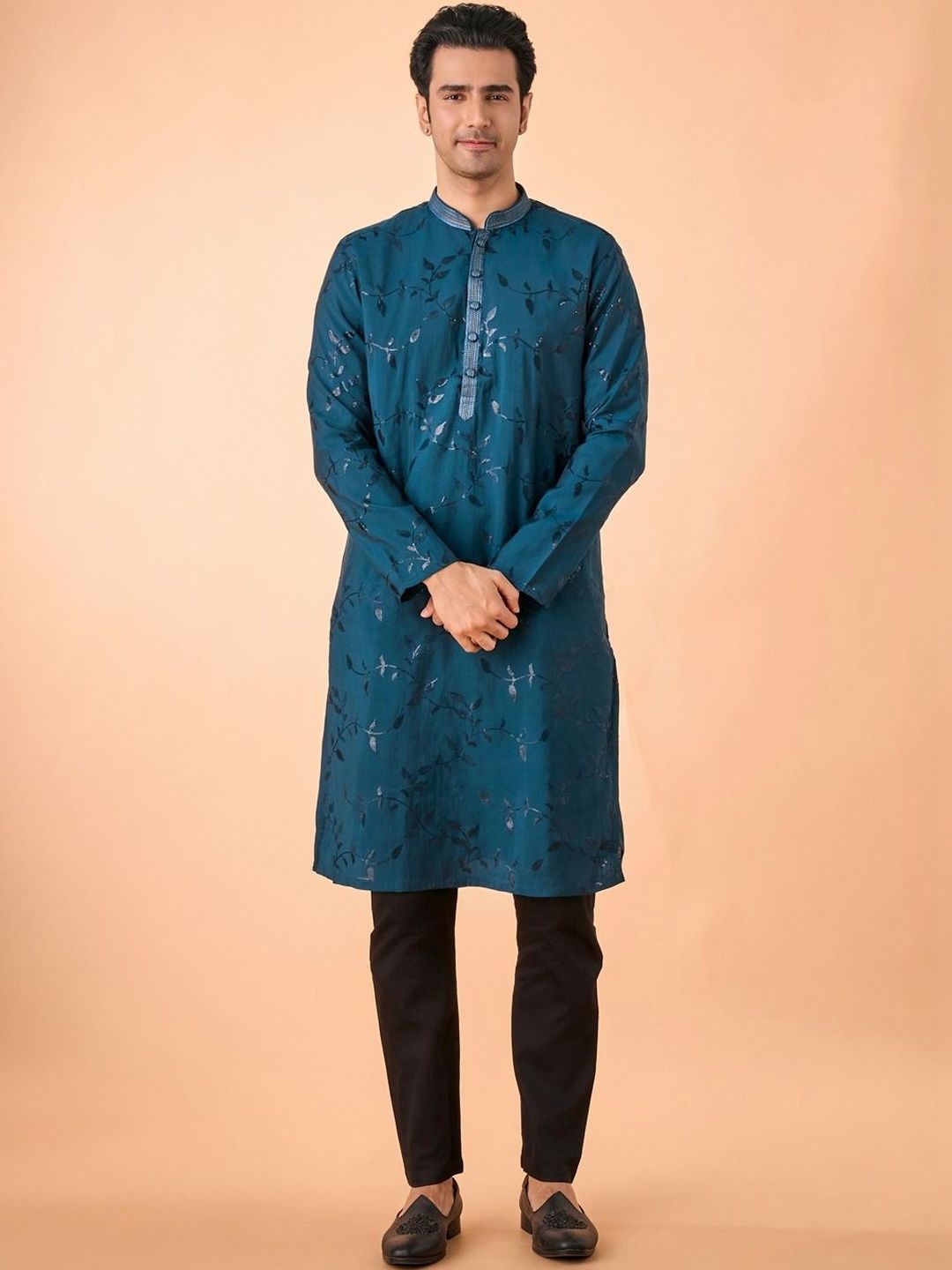 Manyavar Men Floral Printed Regular Thread Work Kurta with Trousers-picture-18