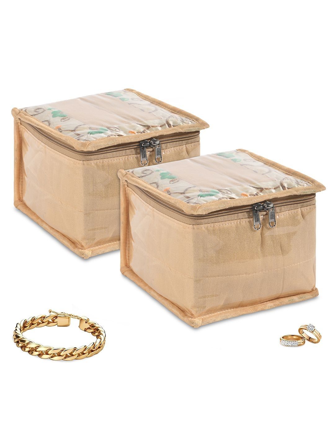 Kuber Industries Gold 2 Pcs Satin Makeup Pouch Bag & 10 Compartment Jewellery Organiser-picture-22