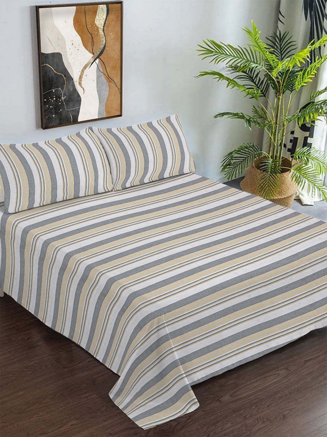 KLOTTHE Brown & Grey Striped Pure Cotton King Size Double Bedcover with 2 Pillow Covers-image-29