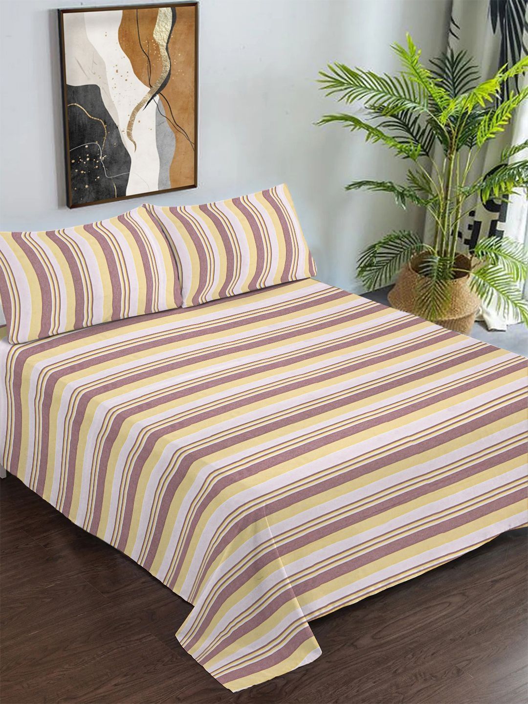 KLOTTHE Maroon & White Striped Pure Cotton King Size Double Bedcover with 2 Pillow Covers-image-3