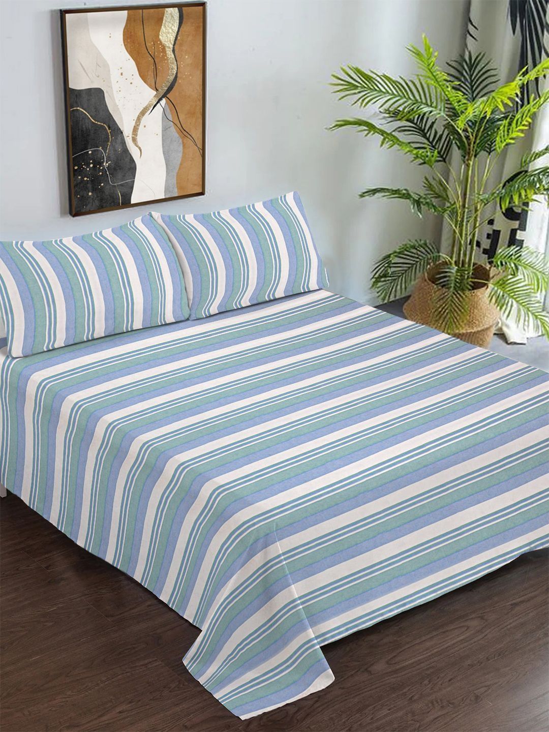 KLOTTHE Blue & White Striped Pure Cotton King Size Double Bedcover with 2 Pillow Covers-image-15