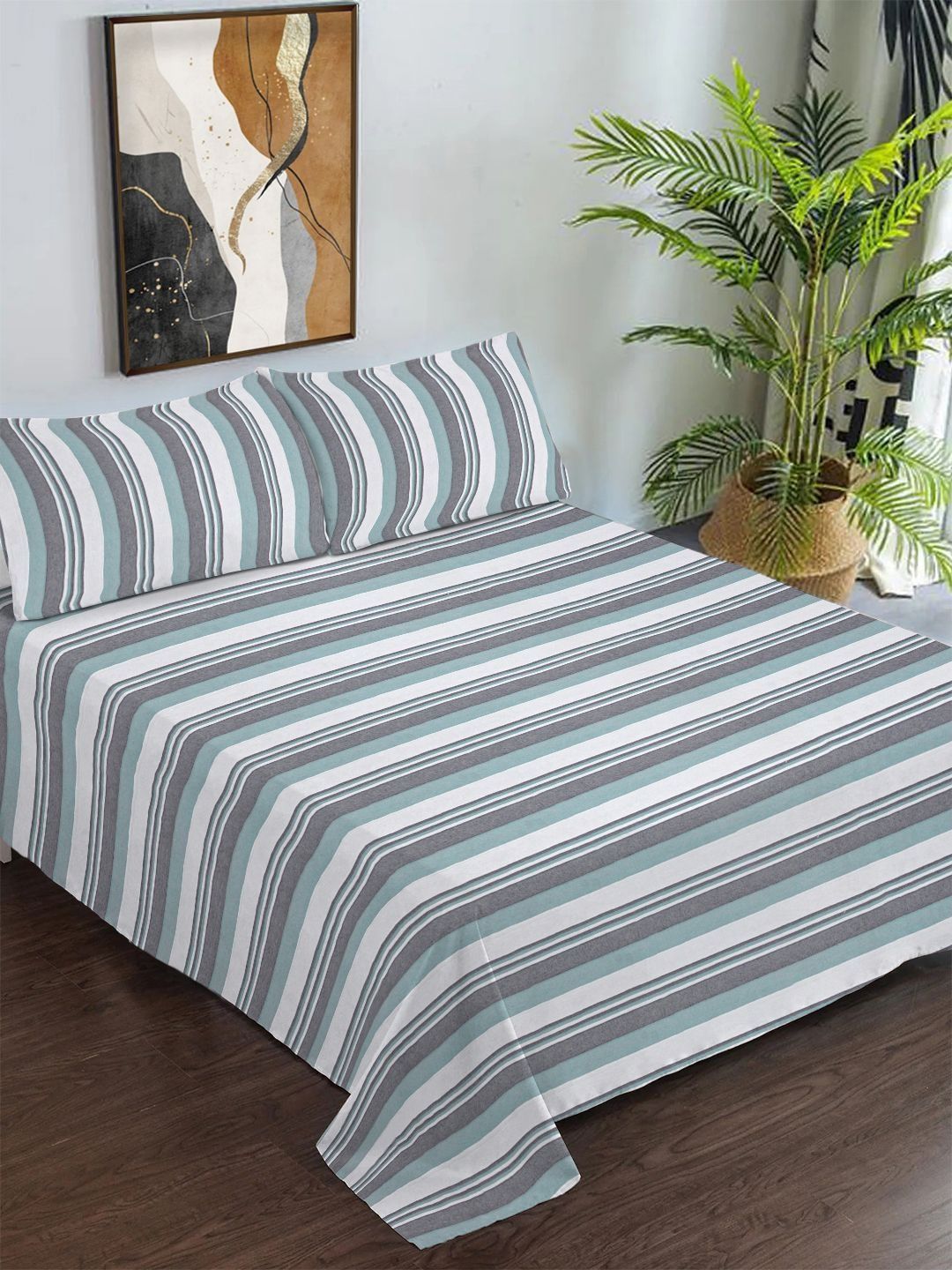 KLOTTHE Green & White Striped Pure Cotton King Size Double Bedcover with 2 Pillow Covers-image-20
