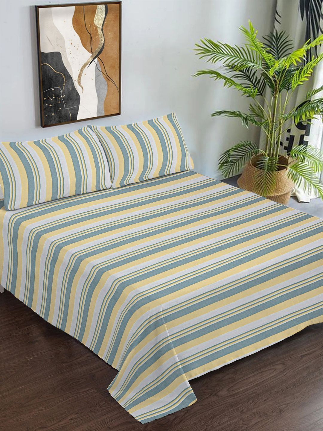 KLOTTHE Green & Yellow Striped Pure Cotton King Size Double Bedcover with 2 Pillow Covers-image-24