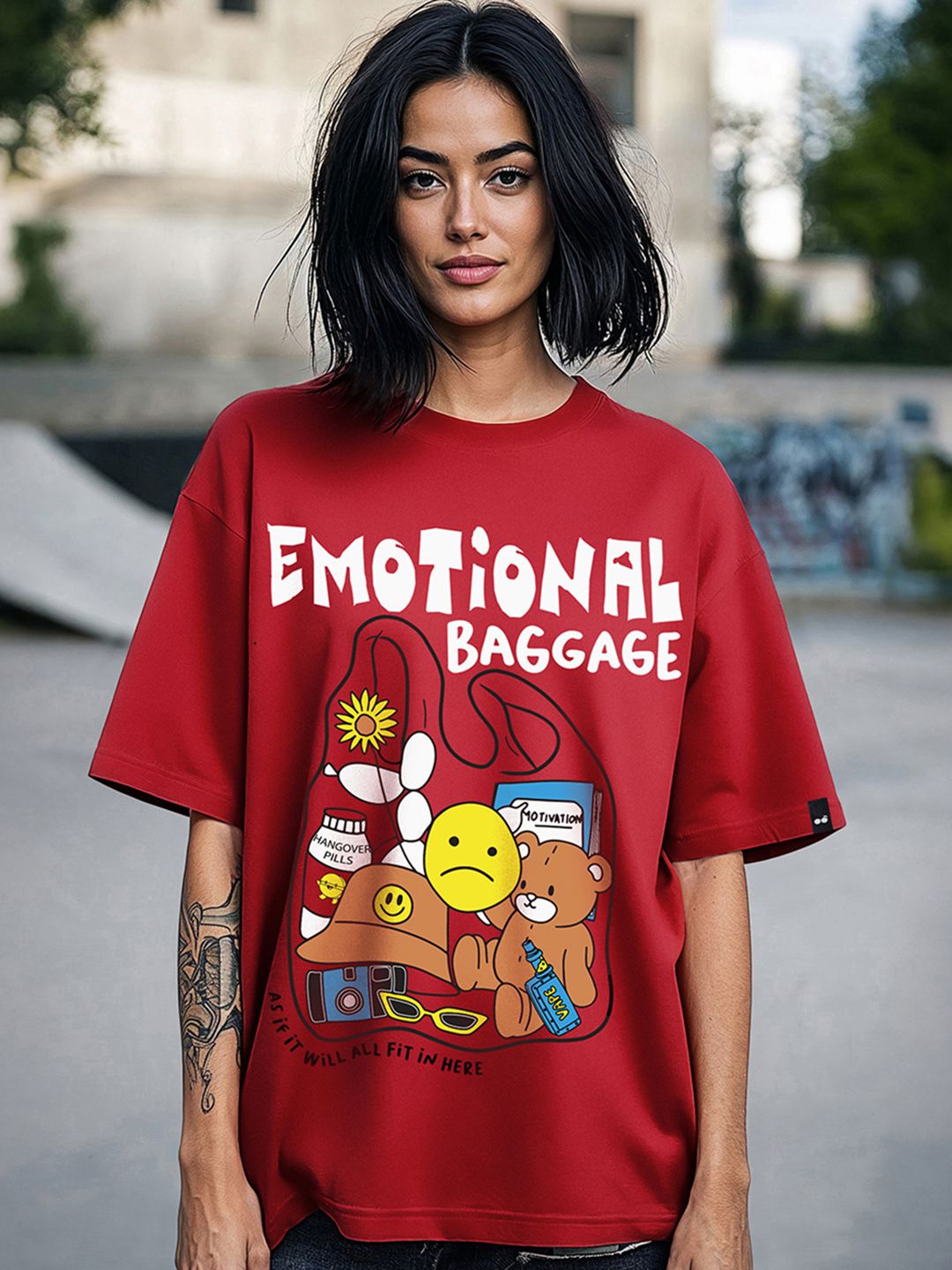 Bewakoof Red Graphic Printed Cotton Oversized Fit T-shirt