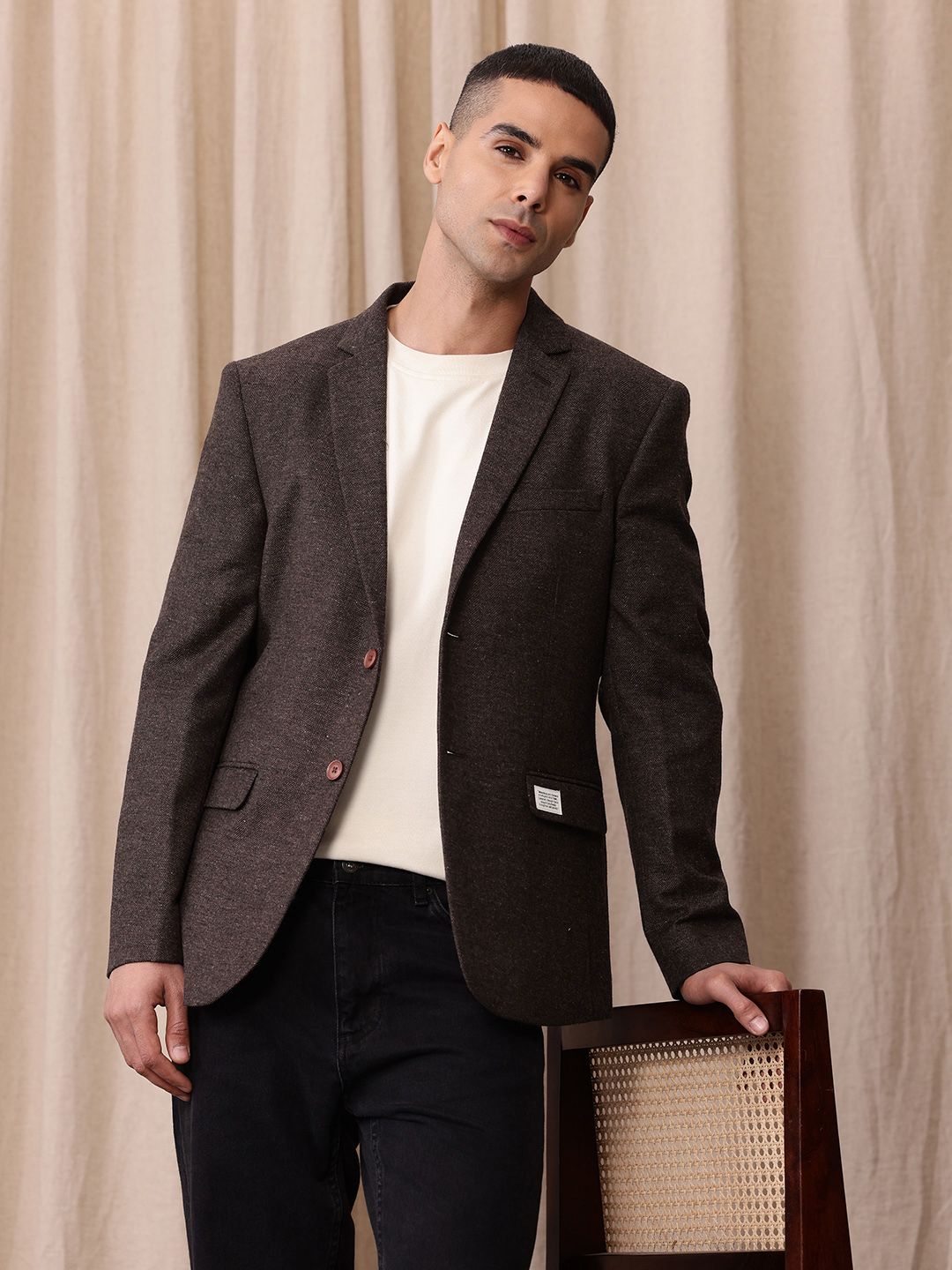 Mr Bowerbird Self Design Textured Tweed Single-Breasted Casual Blazer-image-48