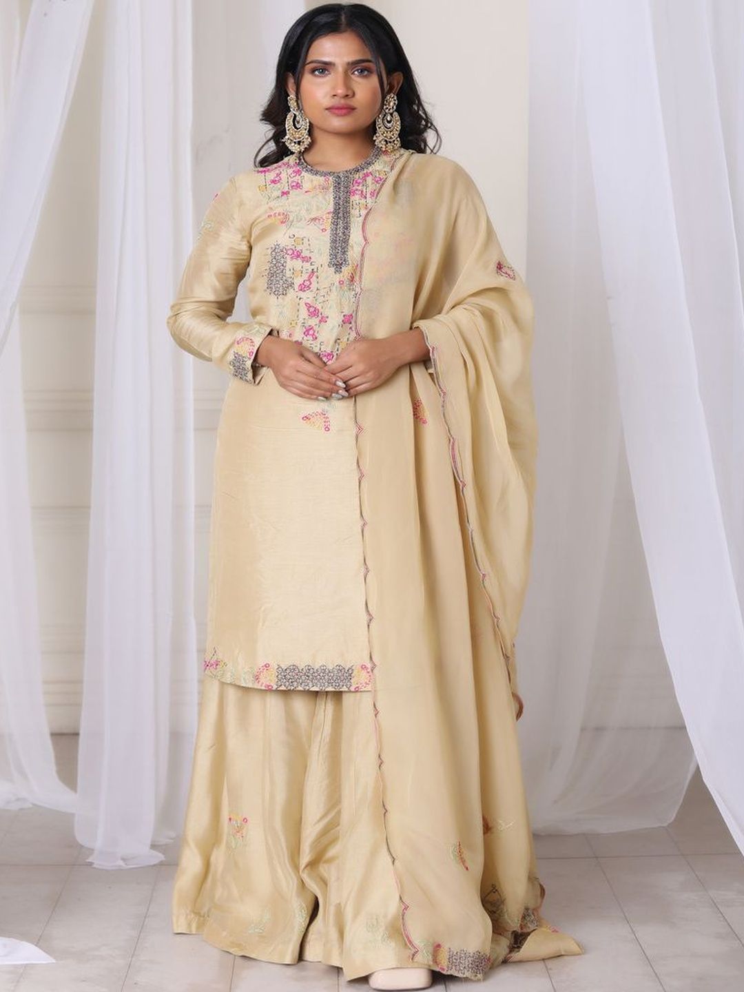 SAMAD ATELIER Hand Embroidered Beige Kurta With Sharara & Dupatta-image-30