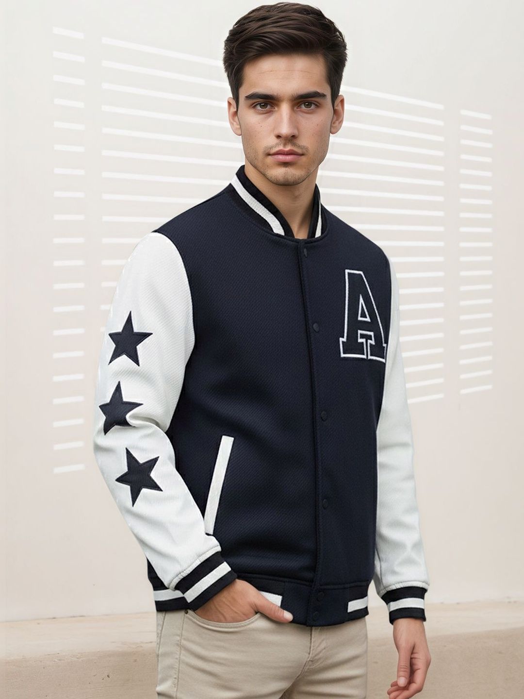 Mast & Harbour Men Brand Logo Colourblocked Woollen Lightweight Outdoor Varsity Jacket with Embroidered-picture-33