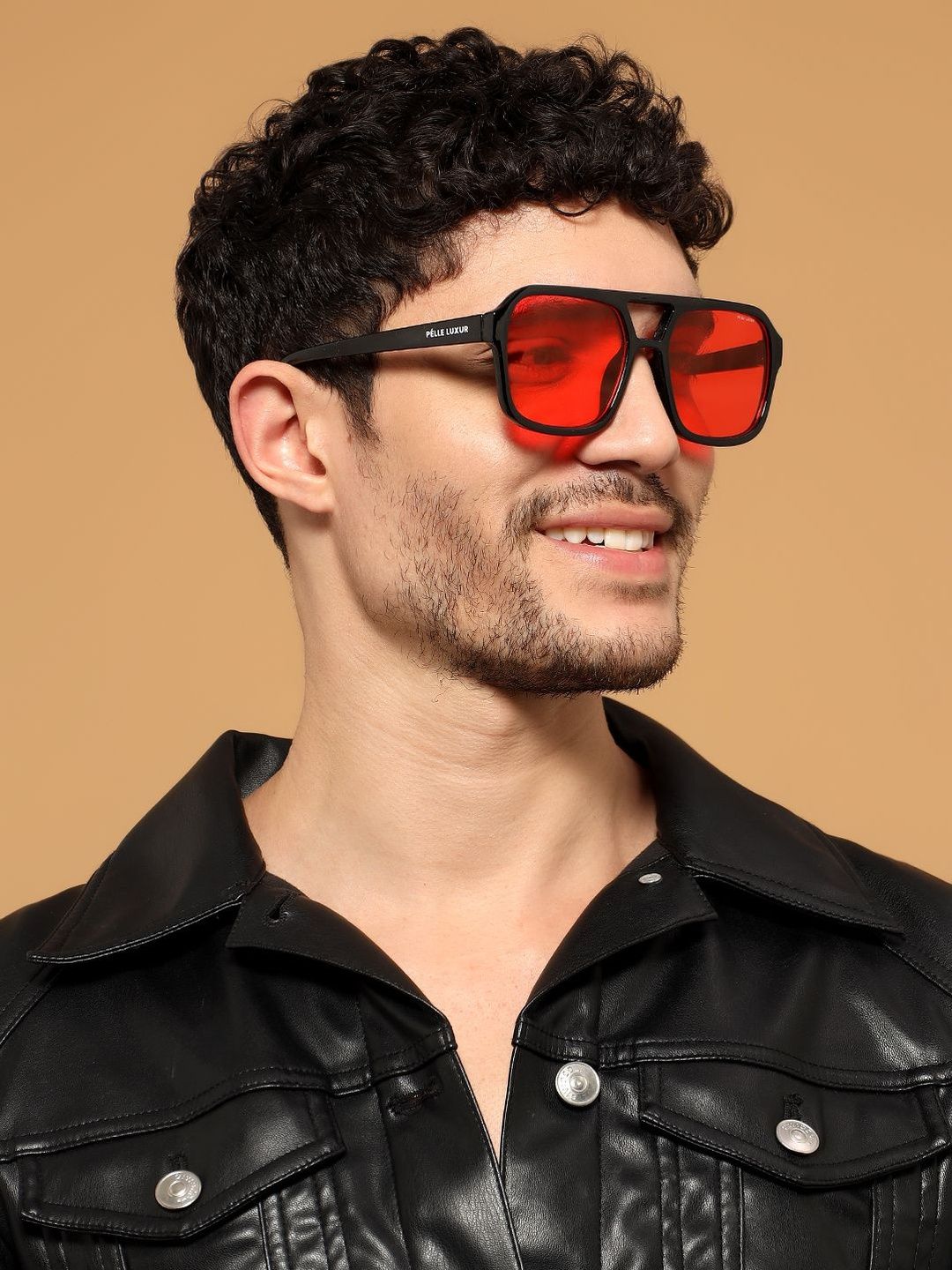 PELLE LUXUR Men Red Lens & Black Square Sunglasses with-image-4