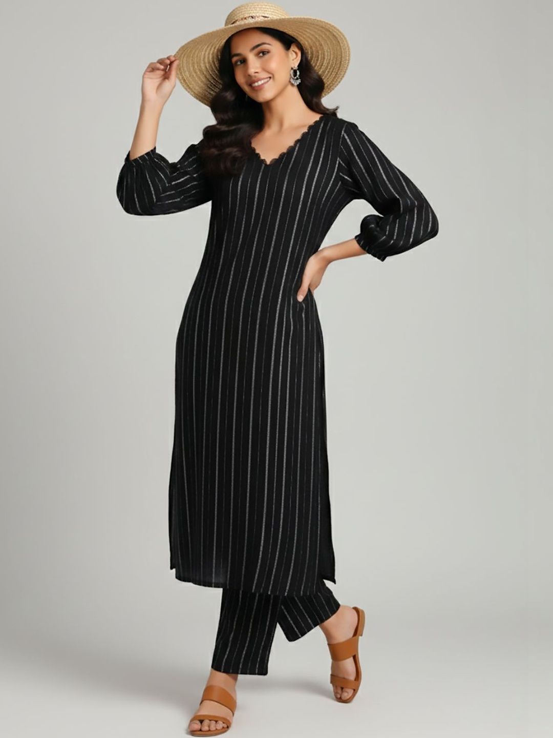 Varanga Women Striped Regular Silk Crepe Kurta with Trousers-picture-12