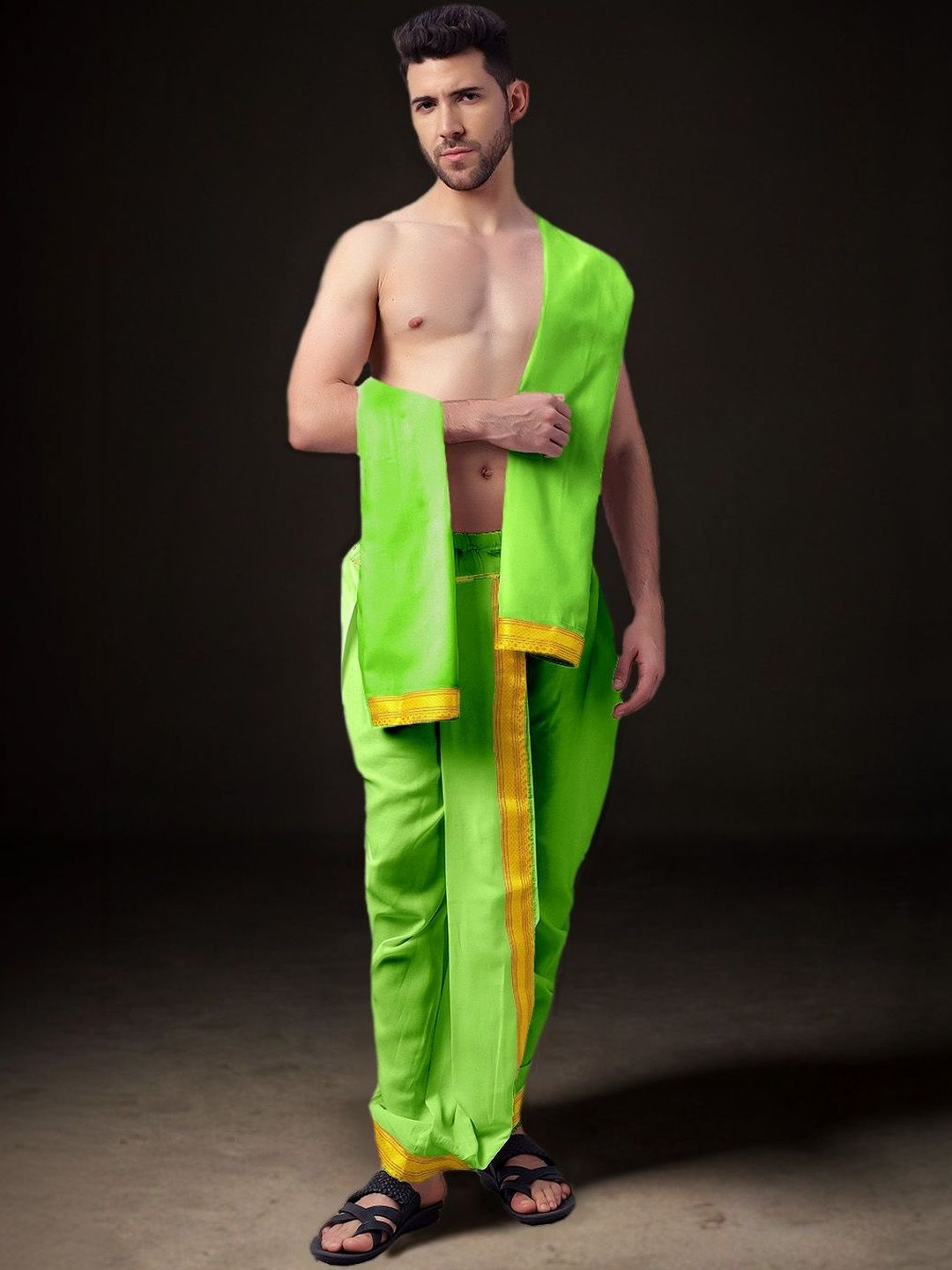 Spewim Men Solid Cotton Dhoti Pant with Shawl-image-40