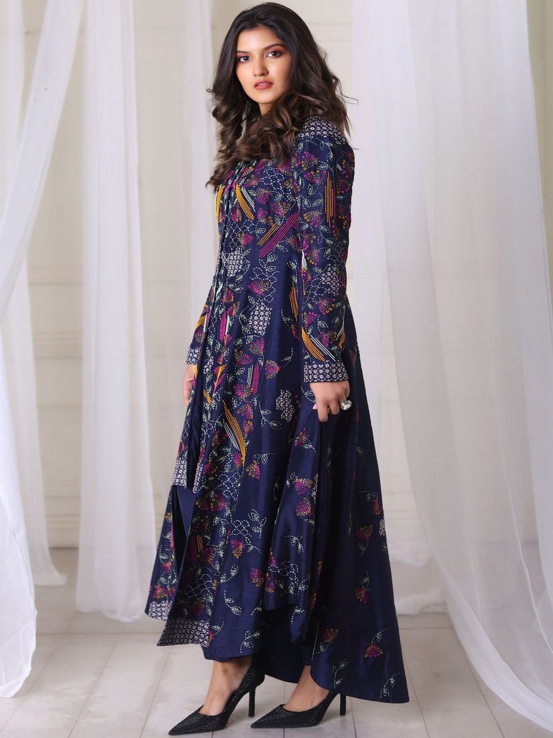 SAMAD ATELIER Hand Embroidered Navy Blue Kalidar Kurta With Drape Pant-image-7