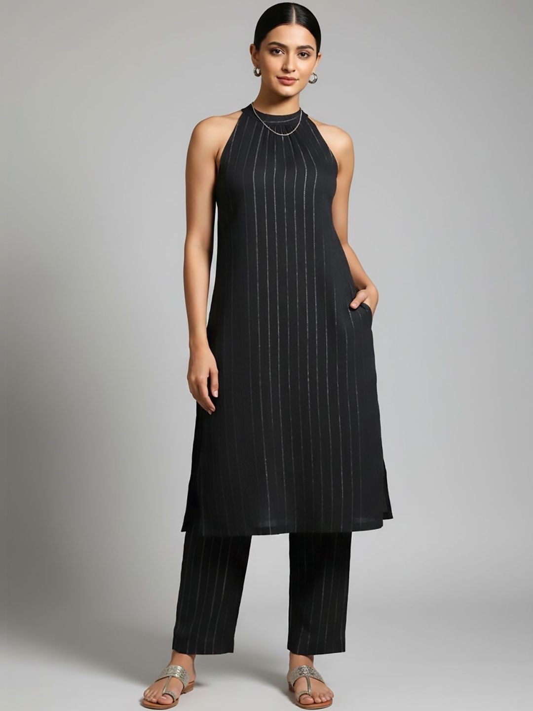 Varanga Women Striped Regular Silk Crepe Kurta with Trousers-picture-10