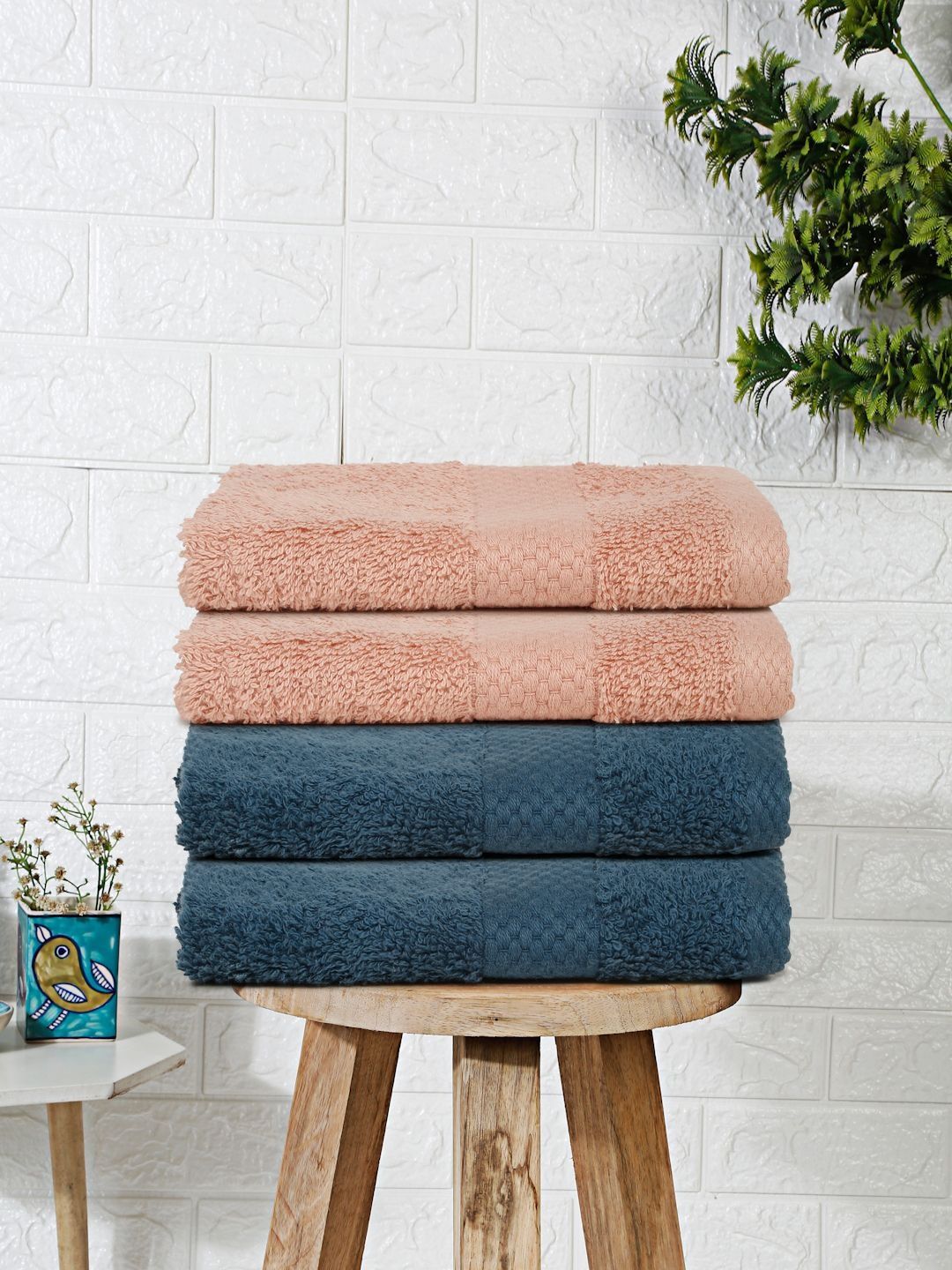 Mulberry Living Blue & Peach-Coloured 4 Piece Terry Cotton 550 GSM Towel Set-picture-37